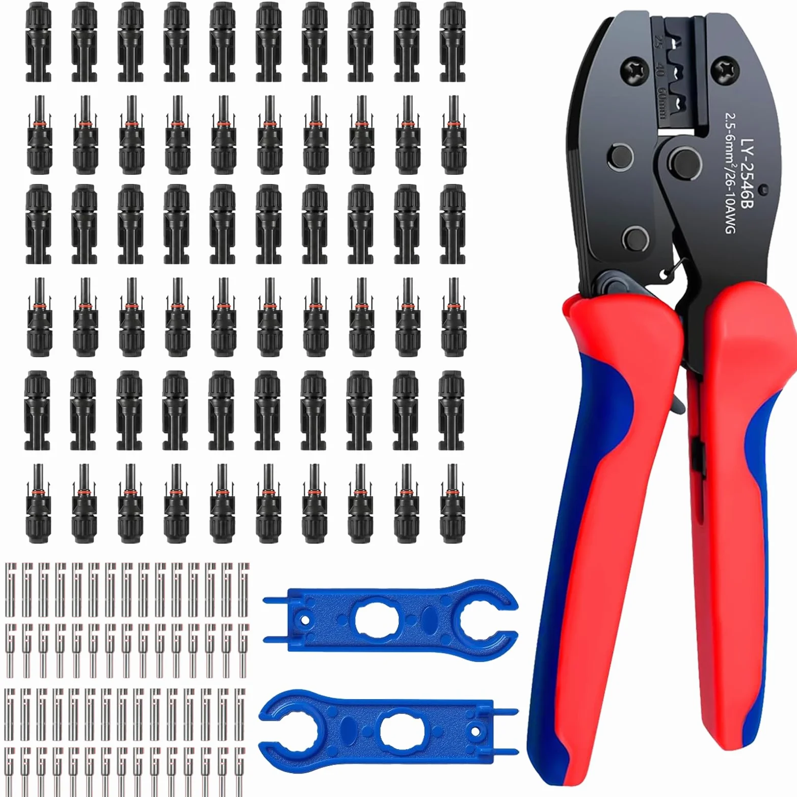 Kit di strumenti per crimpatura di connettori solari con connettori per pannelli solari, 30 paia, chiave connettore MC4 per assemblaggio e installazione di cavi PV 14-10 AWG
