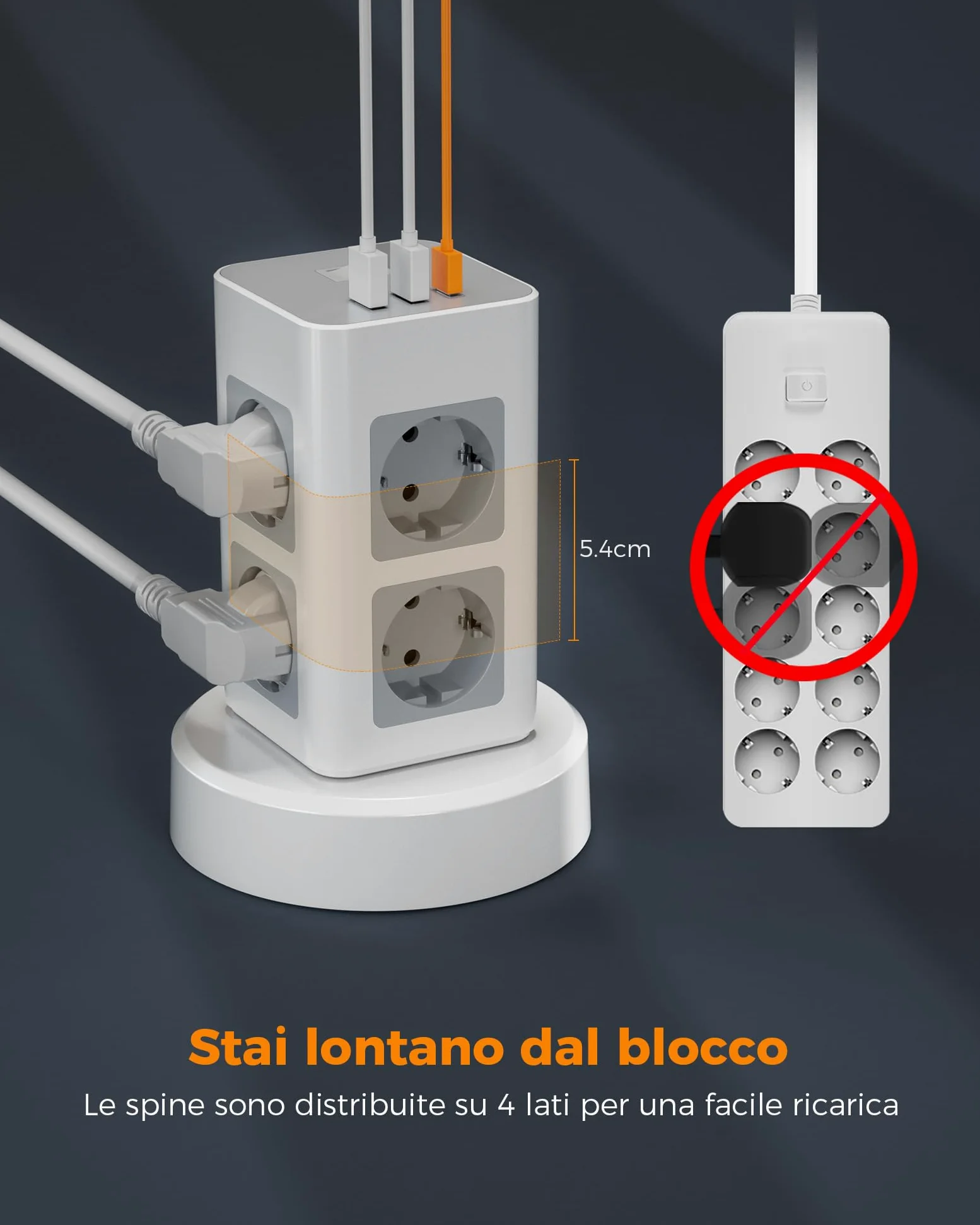 TESSAN Ciabatta Multipresa con 1 USB C, Ciabatta Elettrica con 8 Presa, Prolunga Retrattile 2M, Torretta Multipresa da Scrivania con 1 Interruttori Indipendenti, Girgio