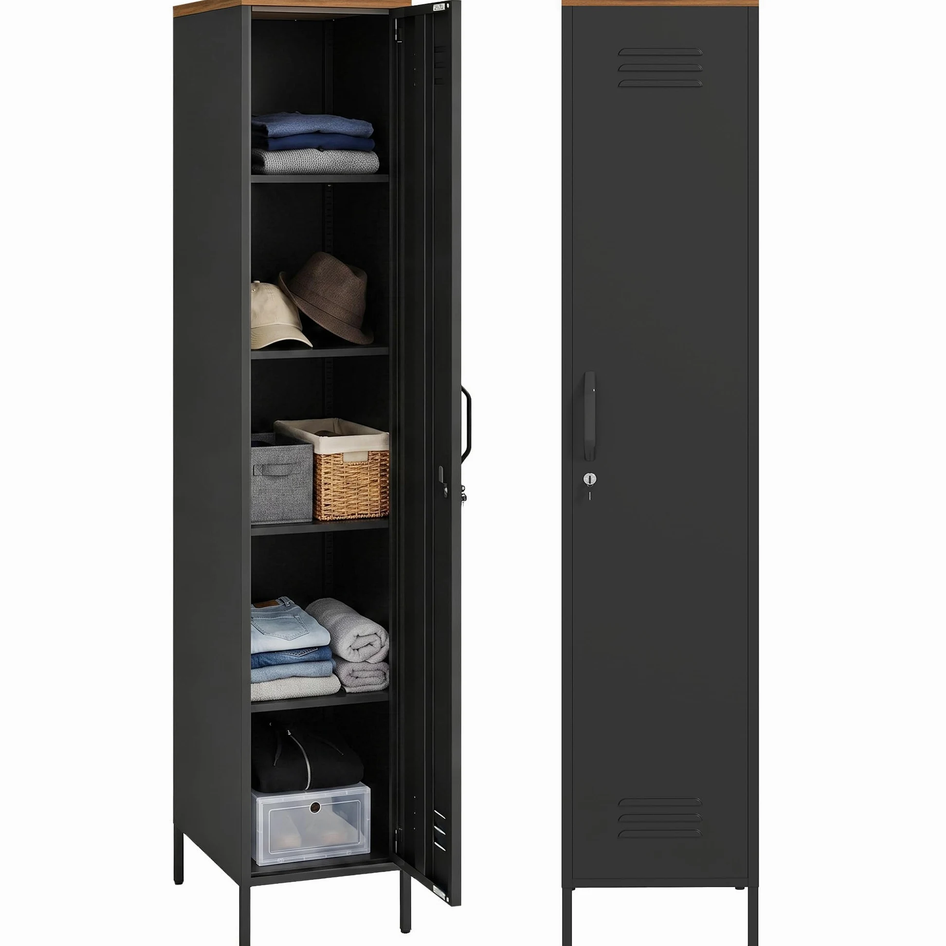 HOMCOM Armadietto Spogliatoio 35x46x183 cm Nero e Marrone Effetto Legno | Slim in Metallo, Chiusura a Chiave, Ripiani Regolabili, Armadio Metallico Multiuso, Industriale, per Casa Ufficio Garage