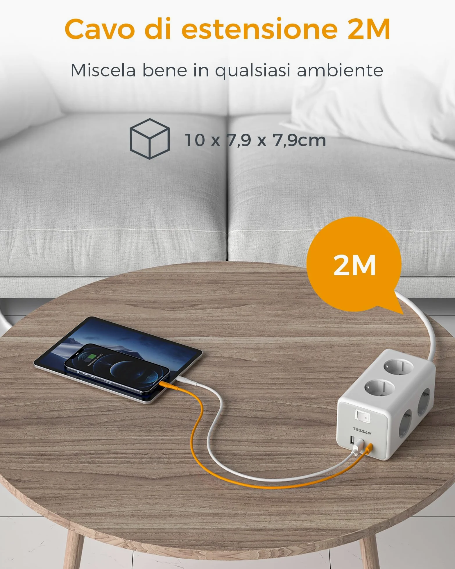 TESSAN Ciabatta Multipresa con USB C e 6 Prese, 9 in 1 Ciabatta Elettrica con Interruttore, 3600W Presa Multipla Cavo 2M, Multipresa da Scrivania per Casa e Ufficio