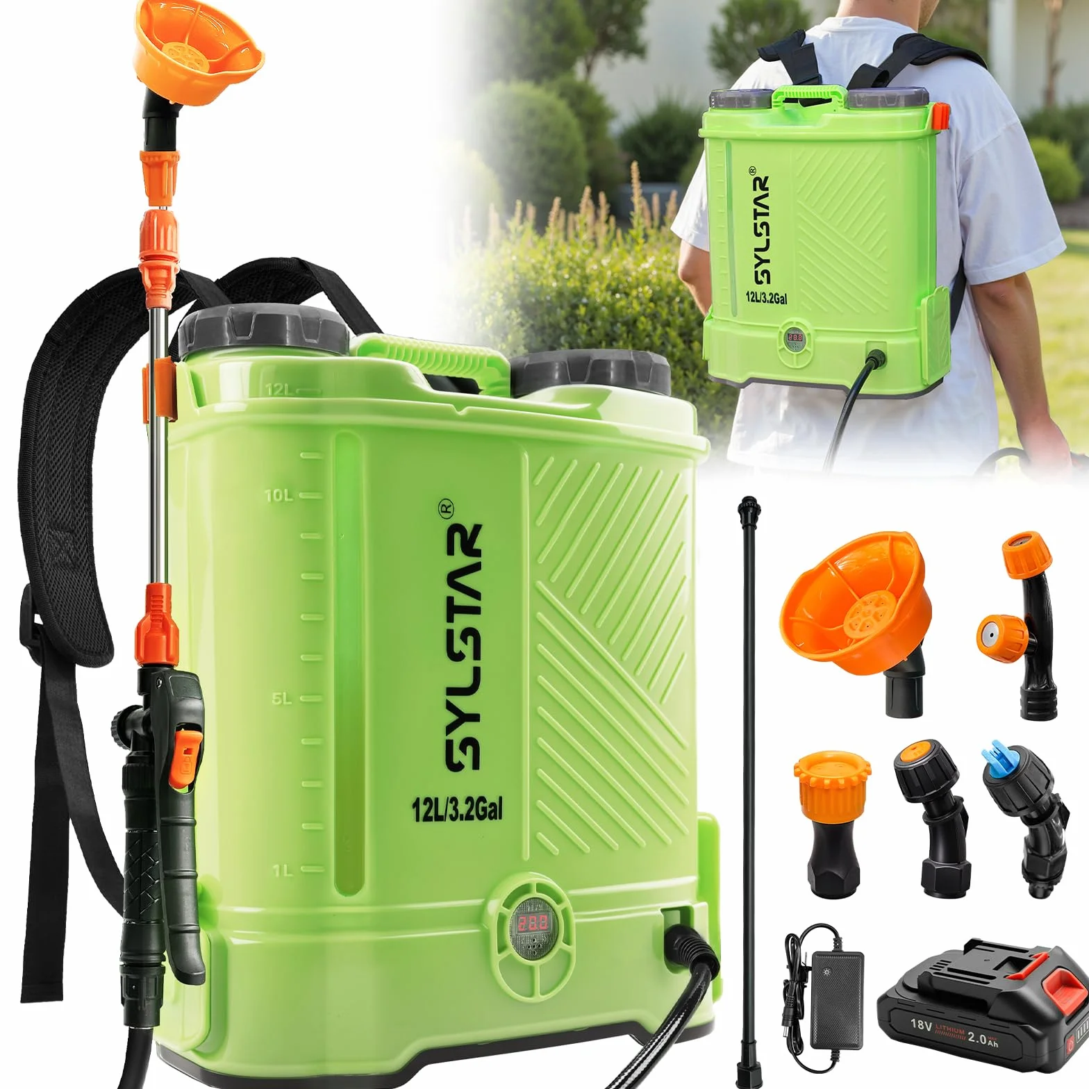 SYLSTAR Pompa Irroratrice 12L, 5.5Bar Pompa a Spalla a Batteria Compatibile con Makita 18V Batterie, Spruzzatore a Pressione Velocità Regolabile,5 Ugelli Pompa a Spalla(Caricabatterie Incluso)