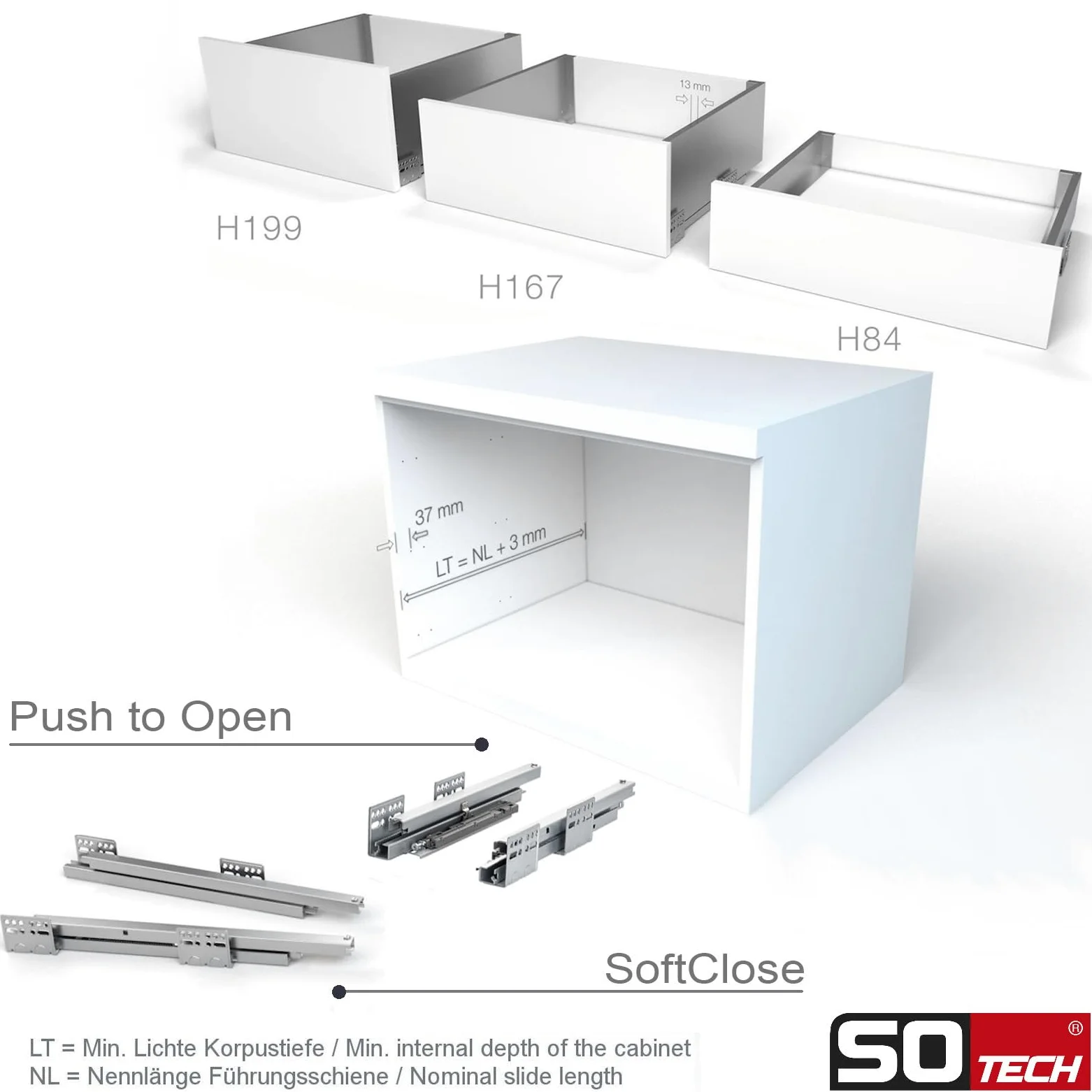 SOTECH Sistema di cassetti JUNKER SLIM con Push to Open (antracite, altezza 199 mm, profondità 450 mm, portata fino a 35 kg) cassetto con telai da 13 mm