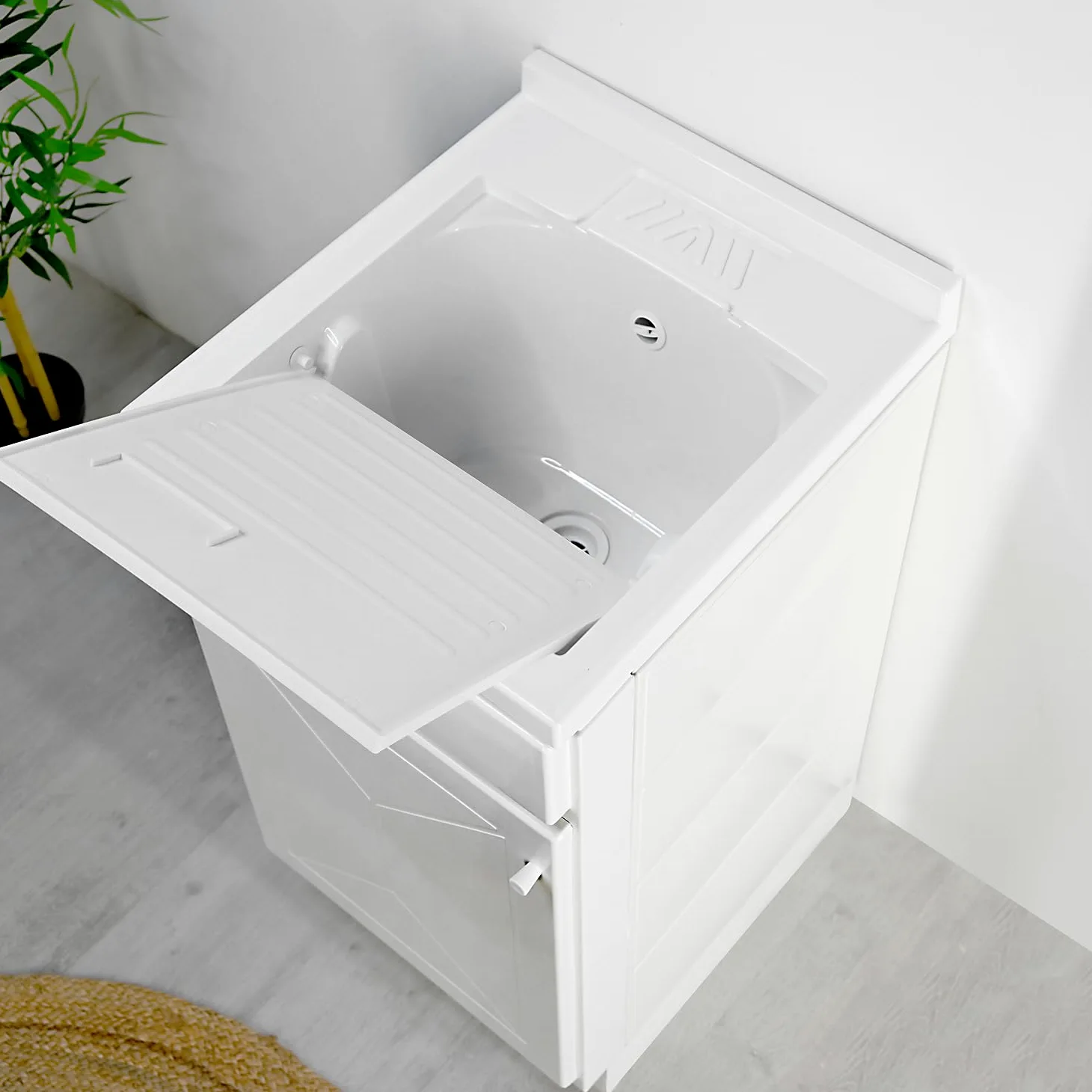 Lavatoio Lavapanni in Resina PP, Bianco, 45x50 Ideale per Ricambio o Installazione su Mobile o Piano da appoggio in Lavanderia o Cucina Incluso di Kit Sifoneria