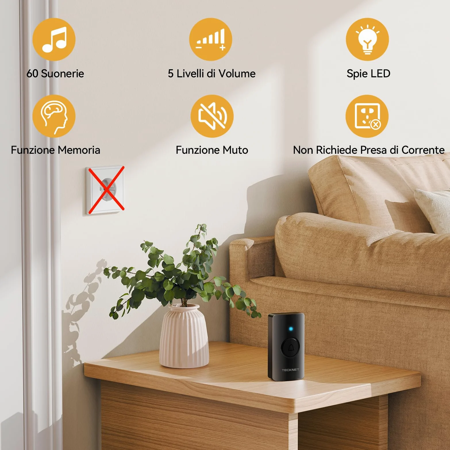 TECKNET Campanello Senza Fili IP65 Impermeabile 400m per Casa | 2 trasmettitori e 1 ricevitore, 60 suonerie, 5 livelli volume, batteria inclusa, Funzione di memoria, LED, per esterno