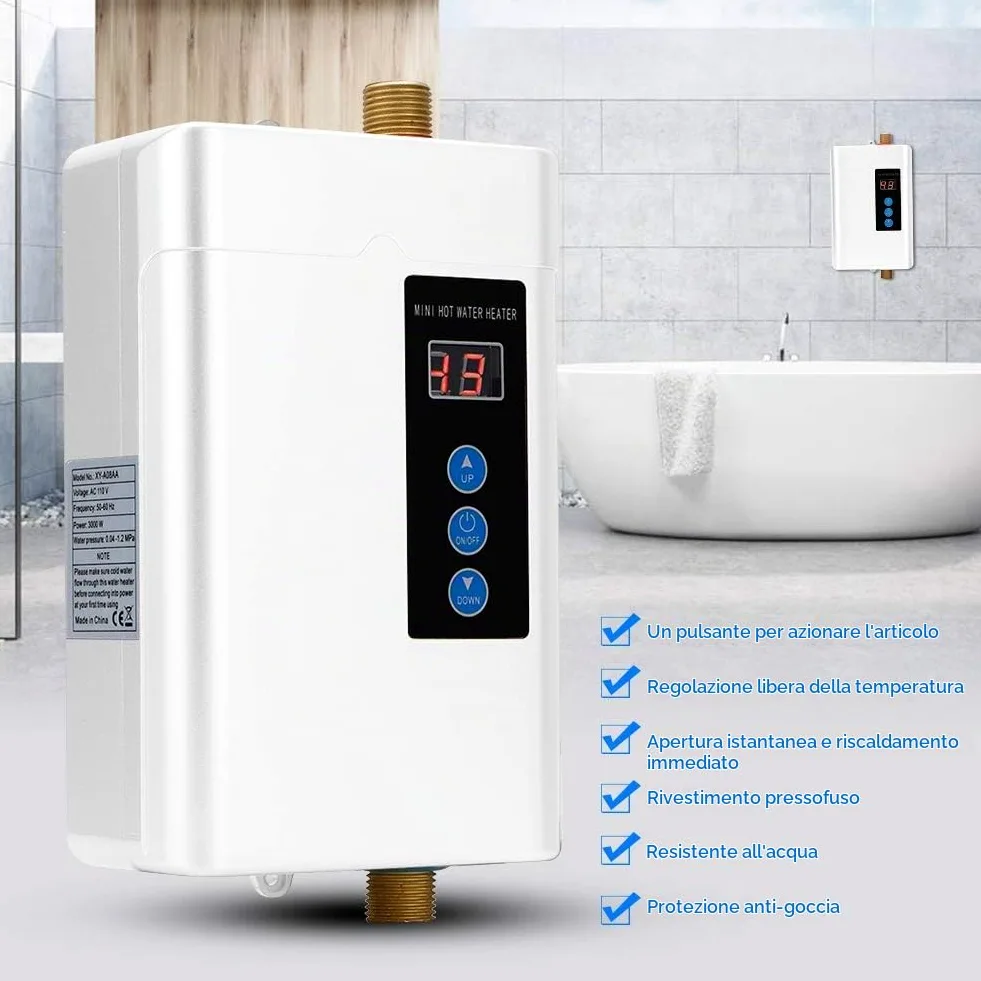 Focket Riscaldatore di Acqua Istantaneo, Mini Display LCD Touch-Screen Scaldabagno Elettrico Senza Serbatoio Riscaldatore di Acqua Calda per Uso Domestico con Funzione di Memoria(Bianco EU 4000W)