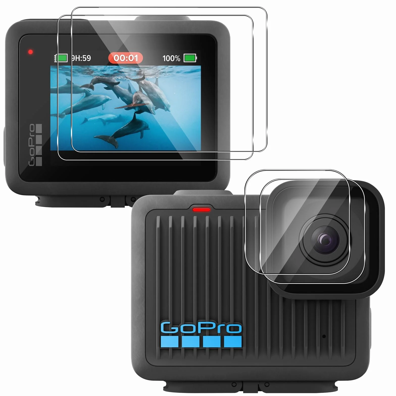 QULLOO Pellicola Protettiva per GoPro LIT Hero/GoPro Hero, 2 Pezzi Film Vetro Temperato Schermo+2 Pezzi Pellicole Protezione Fotocamera Posteriore, Durezza 9H, Anti-Scratch, HD Chiaro