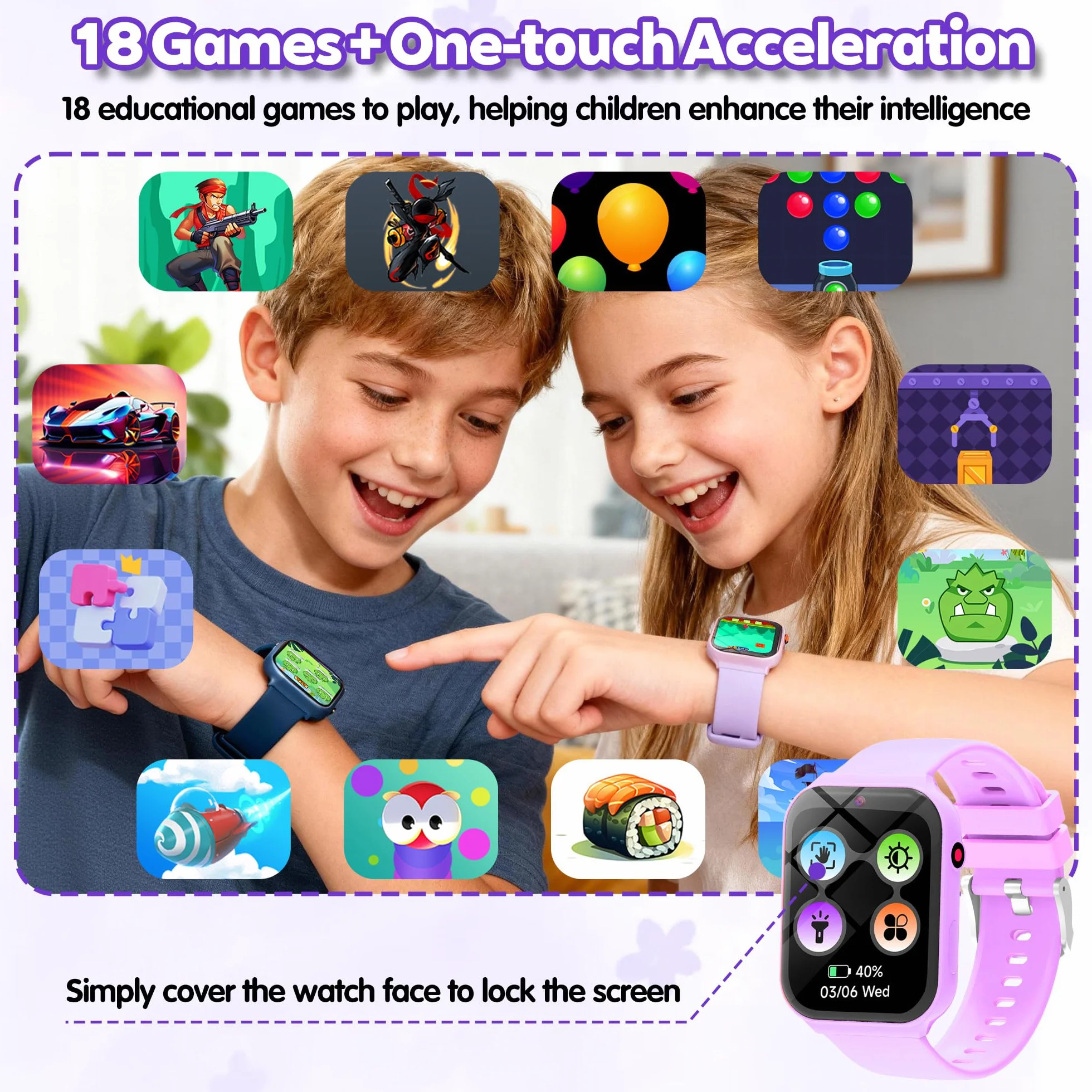 Smartwatch Bambini – 18 Giochi Educativi (Matematica e Logica) con Fotocamera e Monitor del Sonno | Schermo Touch 1,83", Contapassi, Sveglia | Activity Tracker Regalo per Ragazze e Ragazzi