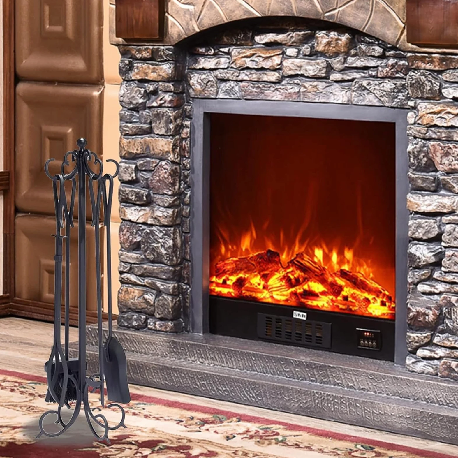 Set di attrezzi per camino, in ferro battuto resistente, set di 5 attrezzi per braciere con pinza, pala, attizzatoio e spazzola, per interni ed esterni, kit di accessori invernali