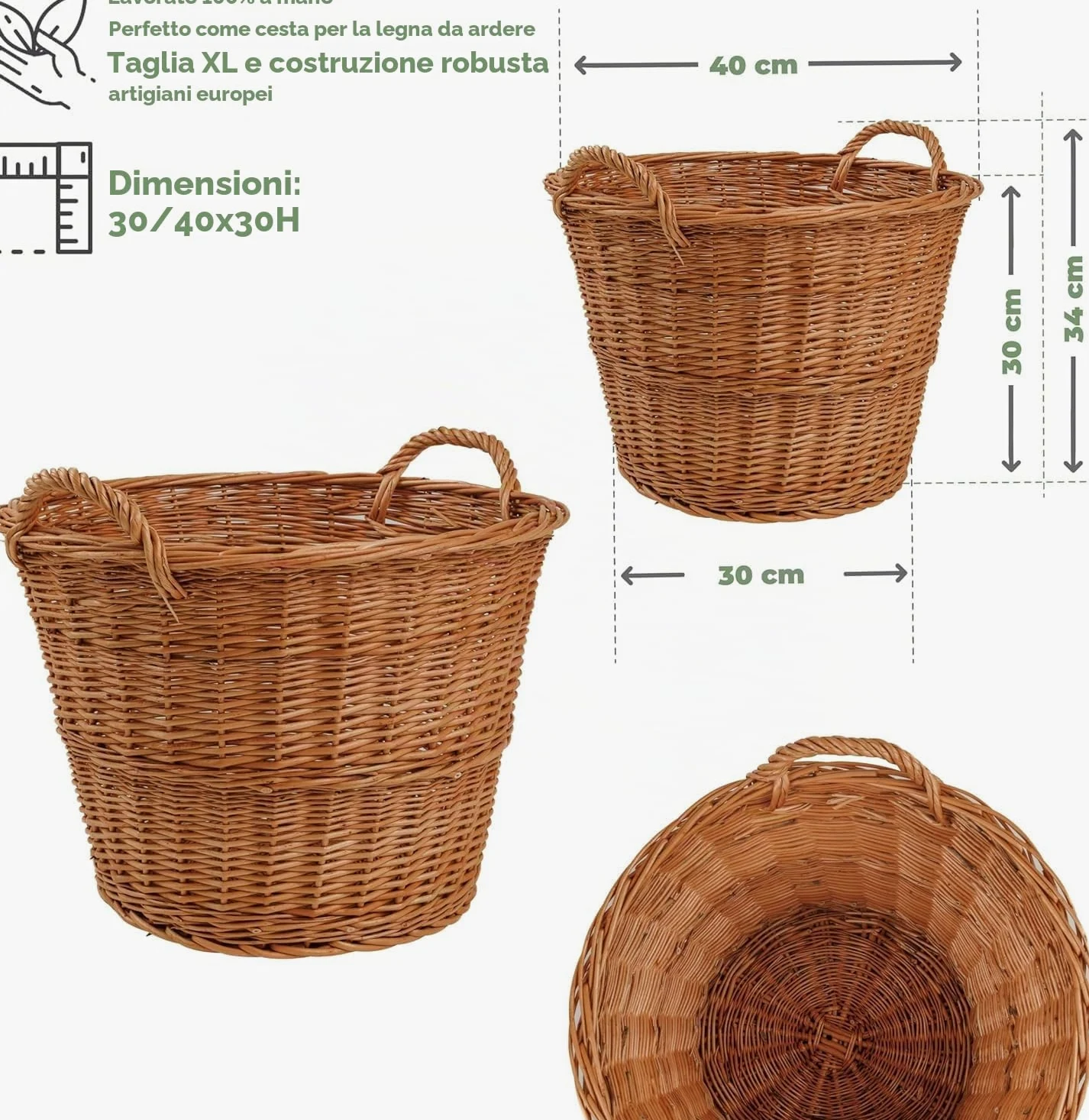 BOGATECO Cestino in vimini con manici rotondi, 30/40 x 30 H, tessuto a mano, cestino per legna da ardere