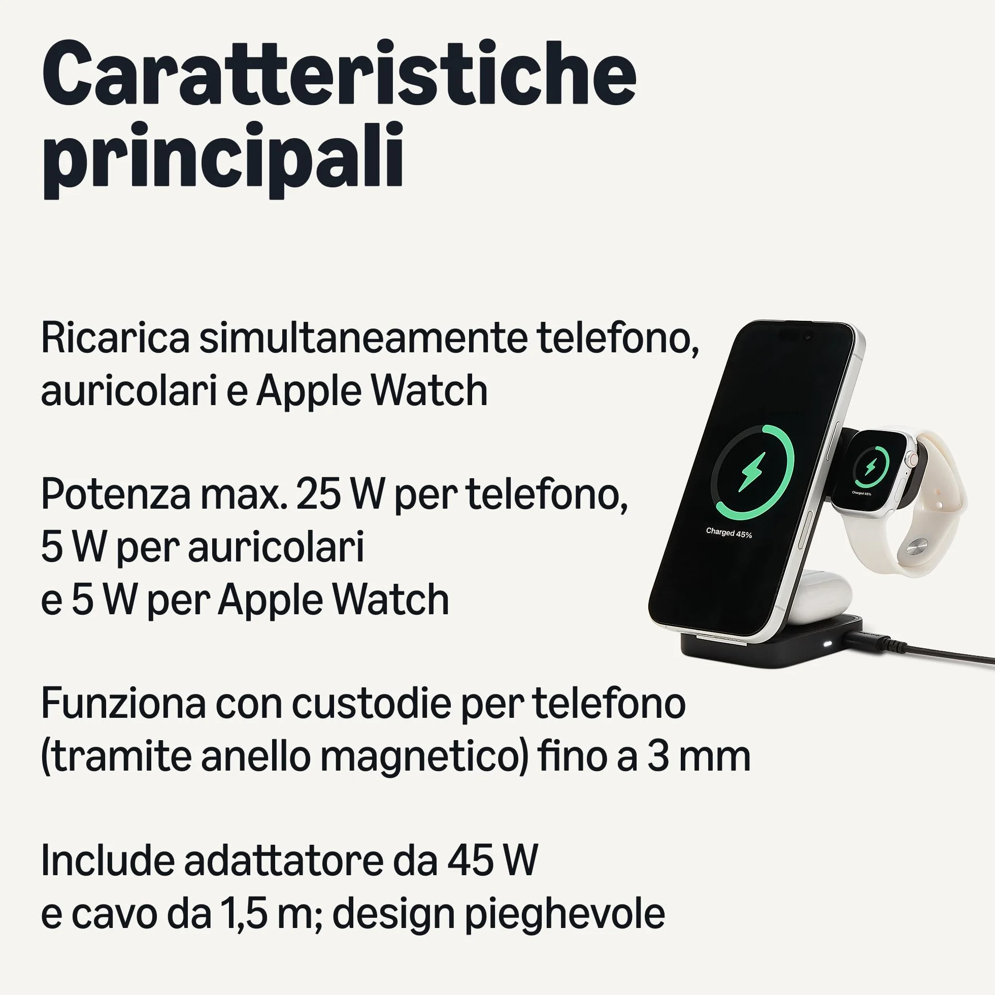 Amazon Basics, Stazione di ricarica wireless 3 in 1 con certificazione Qi2.2 da 25W supporto pieghevole compatibile MagSafe per iPhone 17/16/15/14/13/12,Apple Watch,AirPods,con adattatore da 45 W,Nero