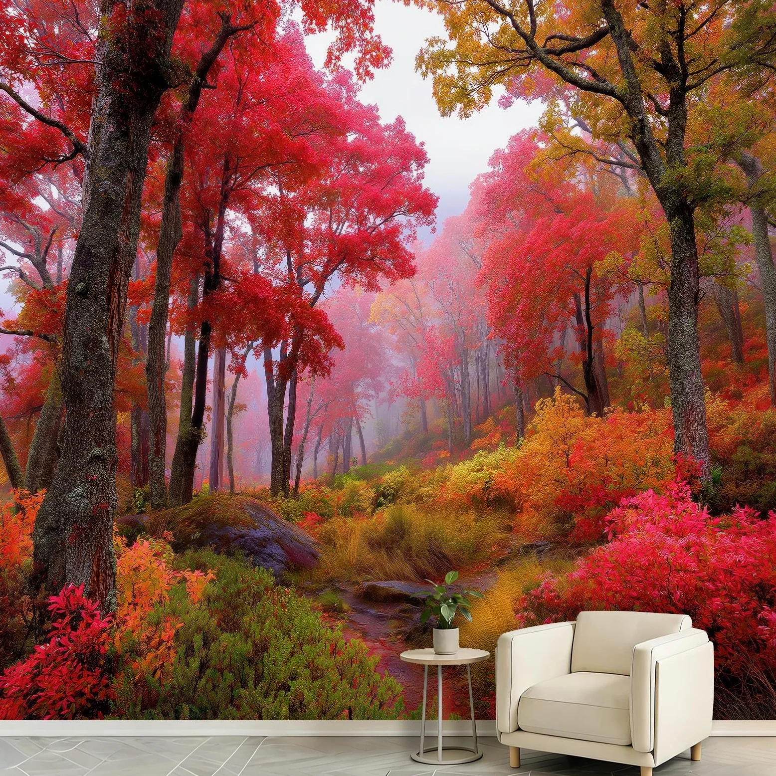 Carta da parati murale con paesaggio autunnale, motivo botanico scandinavo, 300 x 210 cm, con alberi e foglie rosse e nebbia, adesivo da parete per camera da letto, soggiorno, corridoio, divano