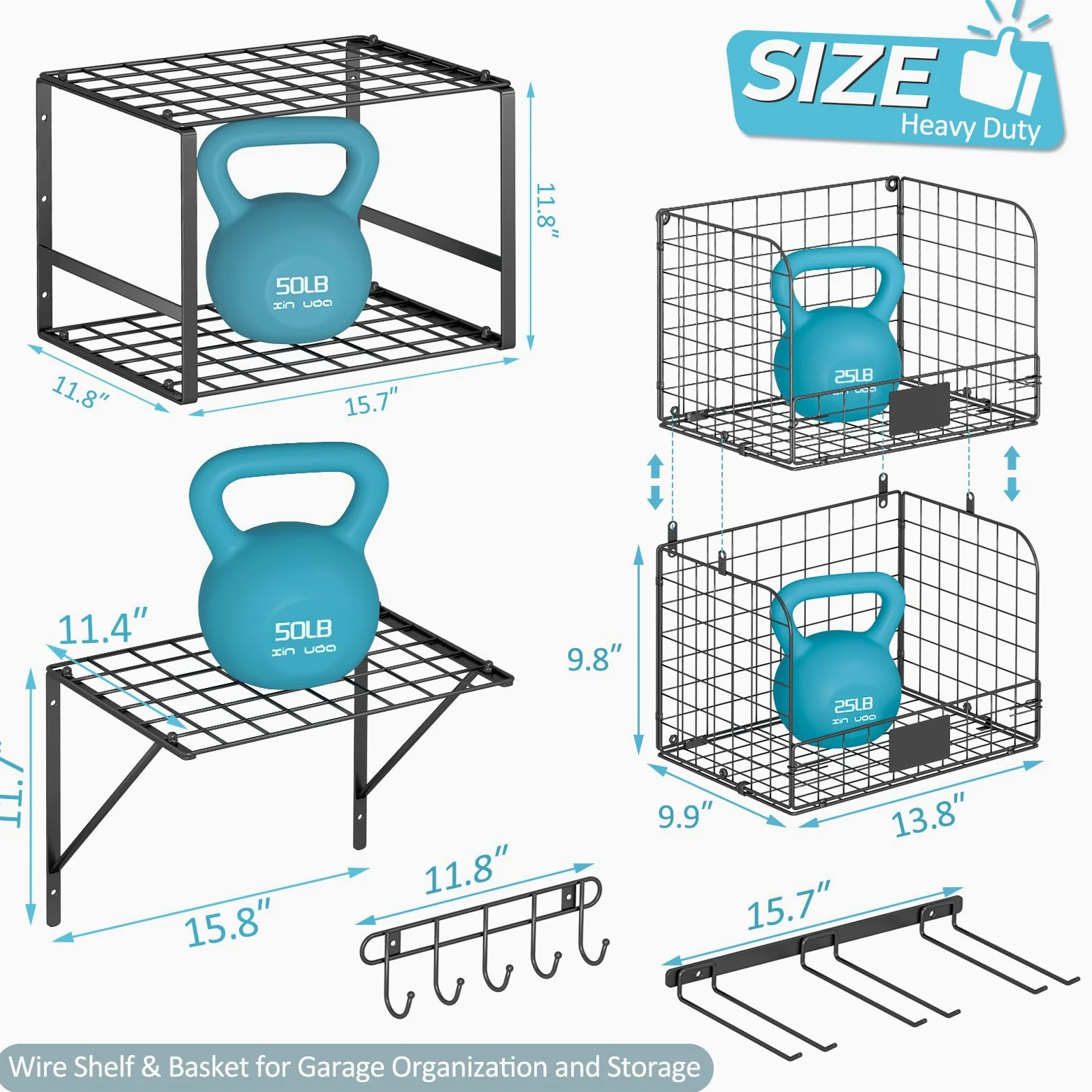 ThreeHio Mensola da garage a parete con cesti metallici, resistente mensola da parete per garage con scaffale per attrezzi da giardino e ganci, organizer per attrezzi per casa, giardino, cortile e