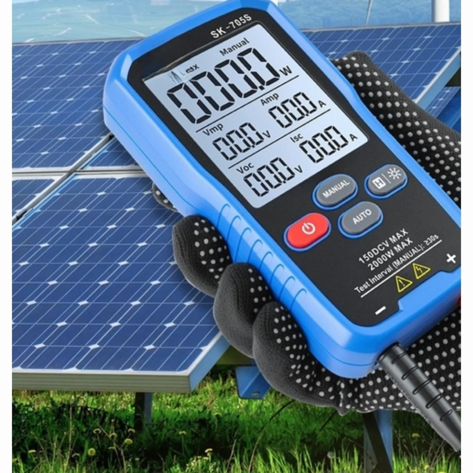 SK-705S, tester di potenza fotovoltaica con tecnologia MPPT per pannello solare, capacità massima 2000W, display LCD da 3,2 pollici, gamma automatica/manuale, design portatile (SK-705)