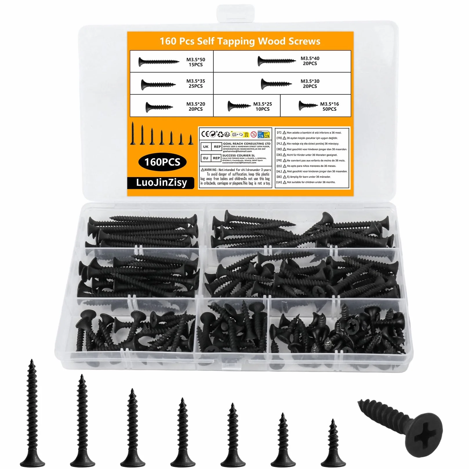 Viti per Legno M3.5 160 Pezzi, Set Viti Autofilettanti Nere Testa Svasata Piatta per Legno e Cartongesso