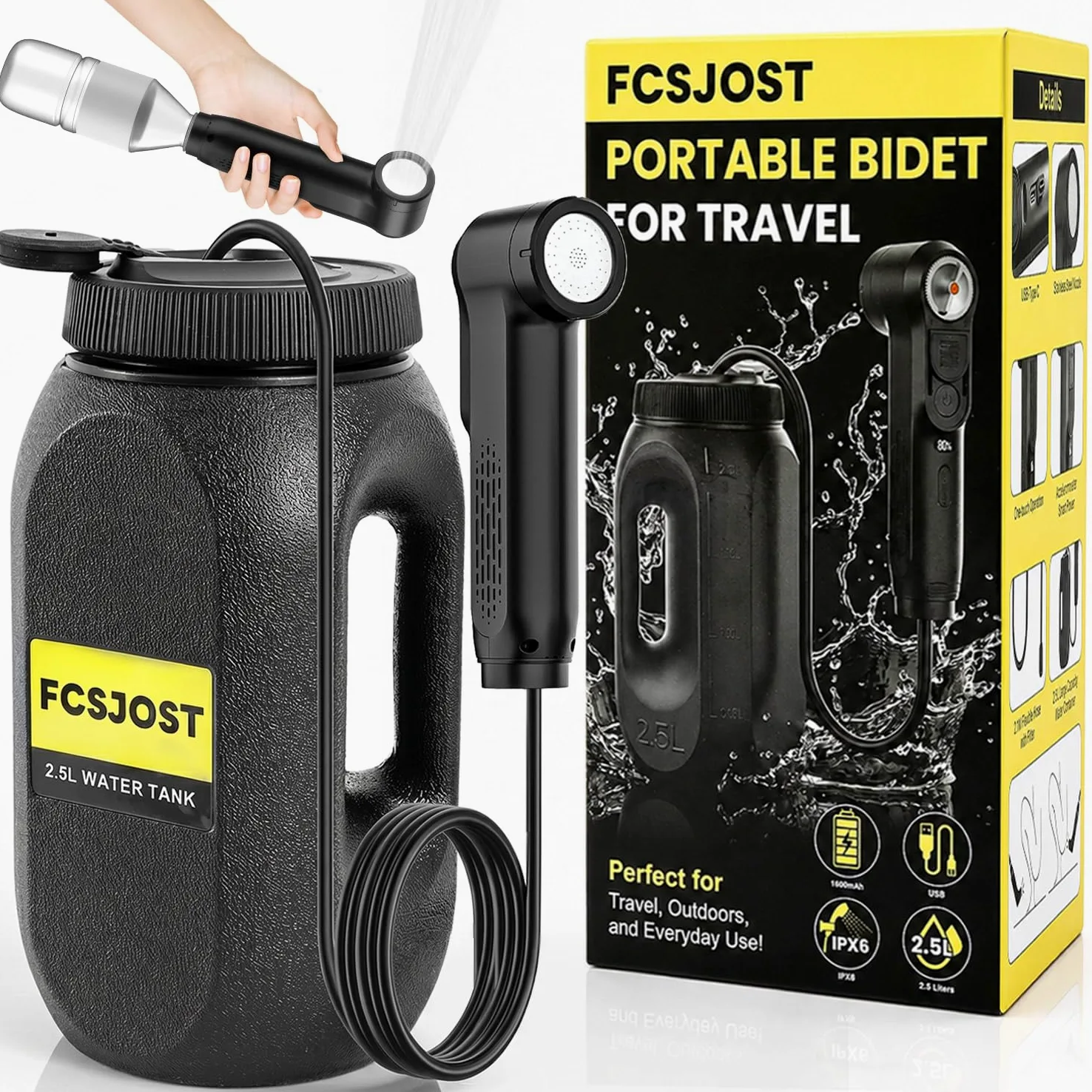 Bidet portatile da viaggio, bidet elettrico ad alta pressione per donne e uomini, batteria 1600 mAh, doppia modalità di spruzzo regolabile, display a LED, serbatoio da 2,5 l, bidet portatile