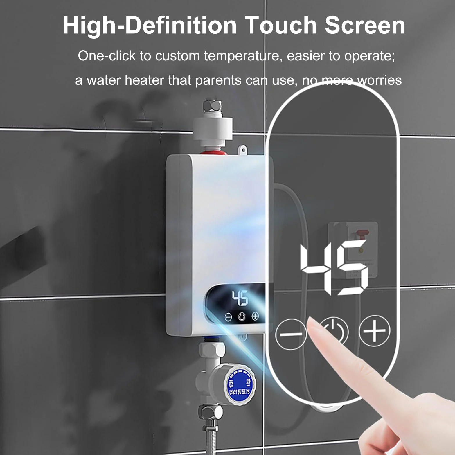 Scaldacqua istantanea, 5500 W, scaldabagno elettrico con touch screen LED, sistema di acqua calda digitale compatto con regolazione della temperatura per bagno e cucina