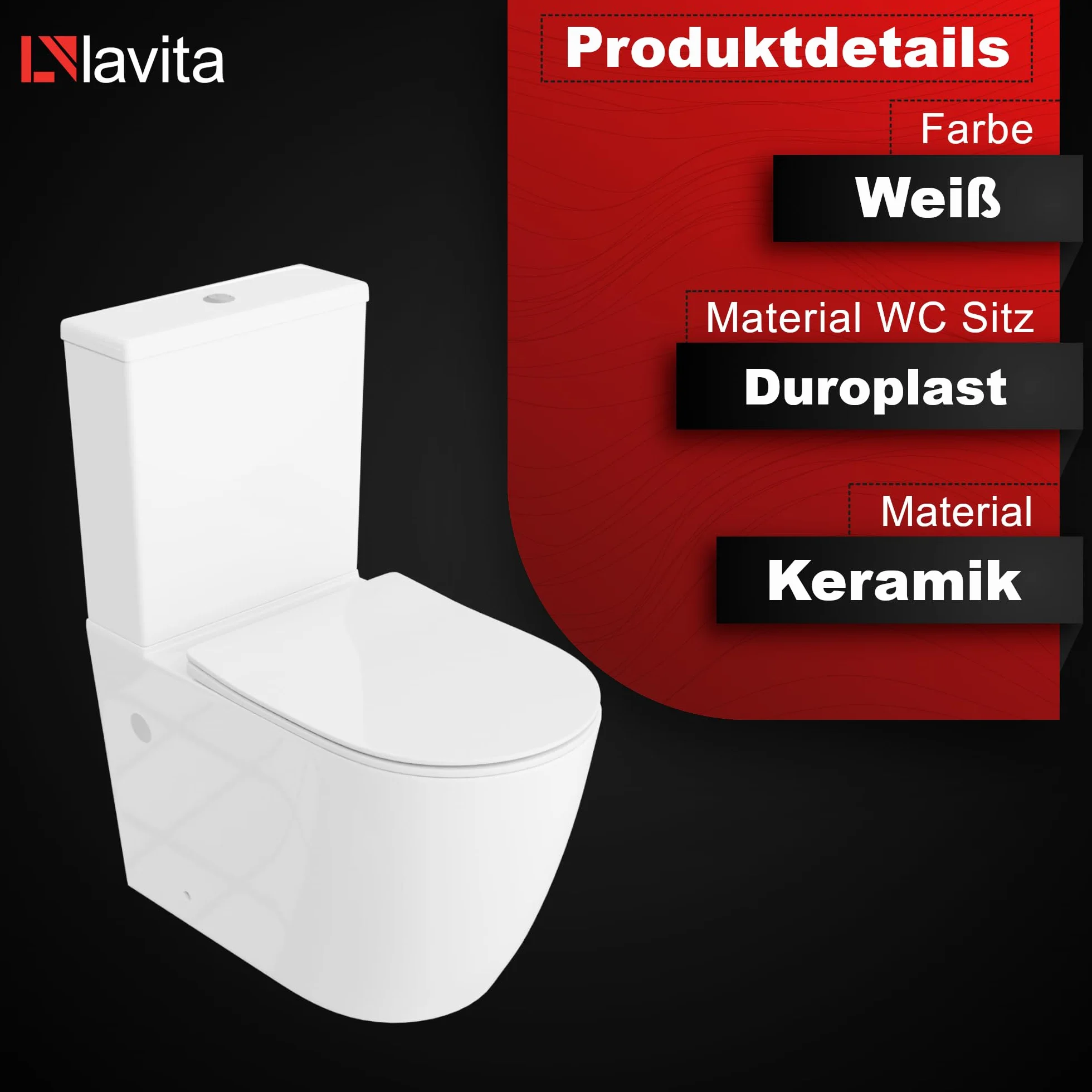LAVITA WC monoblocco con cassetta di scarico integrata RUNSON WHITE ceramica senza brida chiusura ammortizzata TORNADO