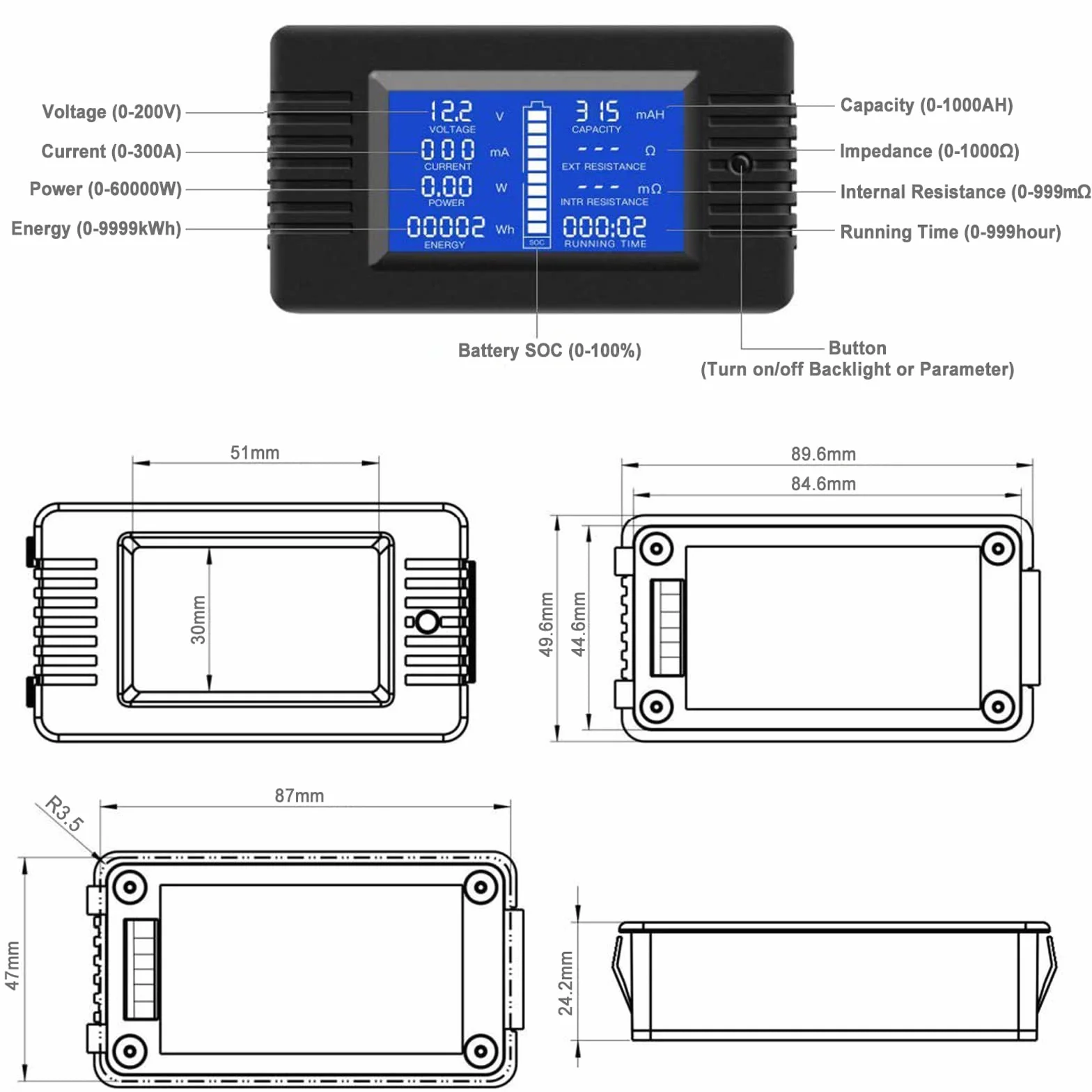 DC Shunt Battery Monitor Voltmetro DC 0-200V Shunt 100A Amperometro Digitale, Capacità della Batteria Misuratore, Multimetro Tensione Corrente per Batteria Auto RV Solare (PZEM-015+300A shunt)