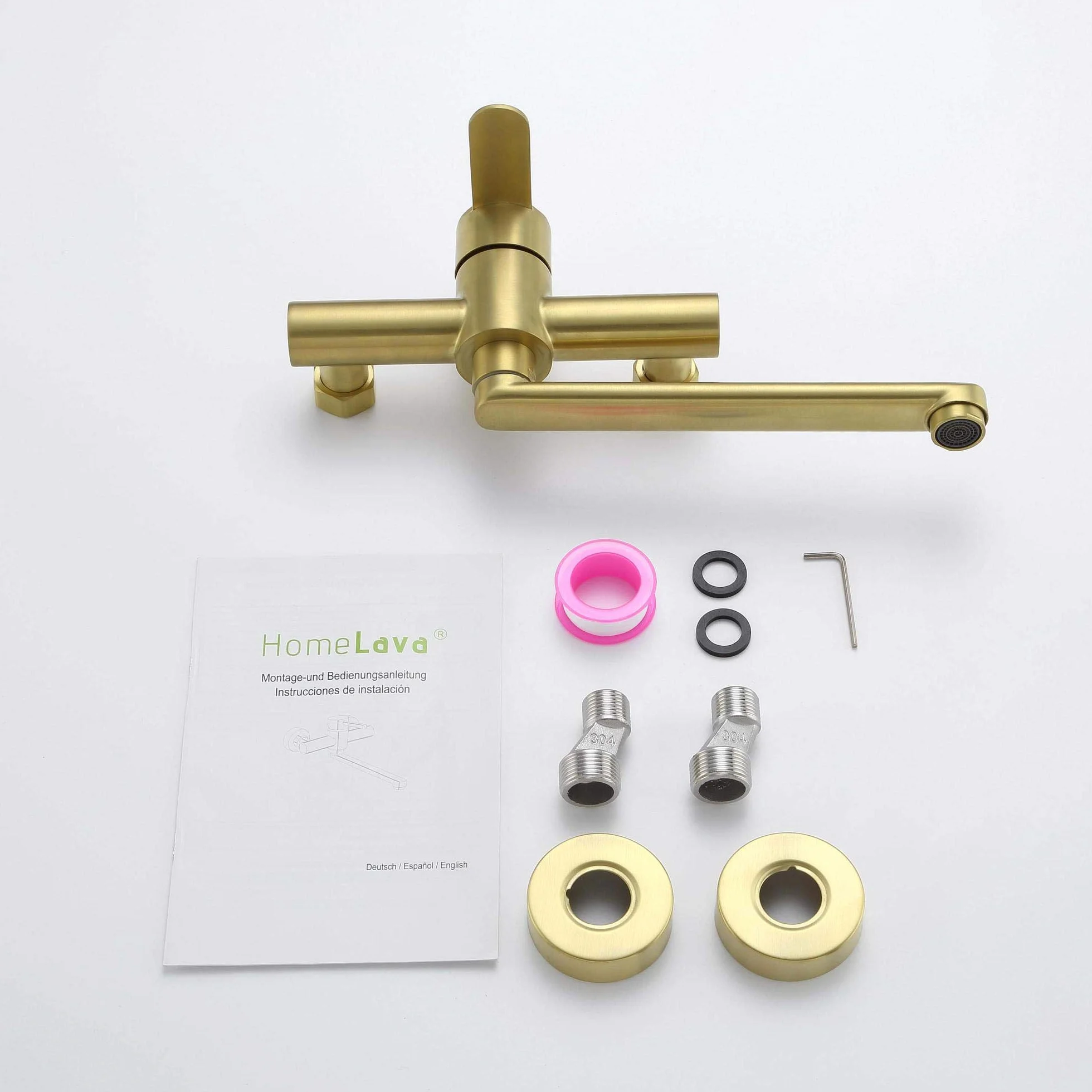 HomeLava Rubinetto oro spazzolato, Rubinetto cucina a muro, Miscelatore monocomando girevole a 360°， Acciaio inossidabile 304, Tubo rotante 23cm