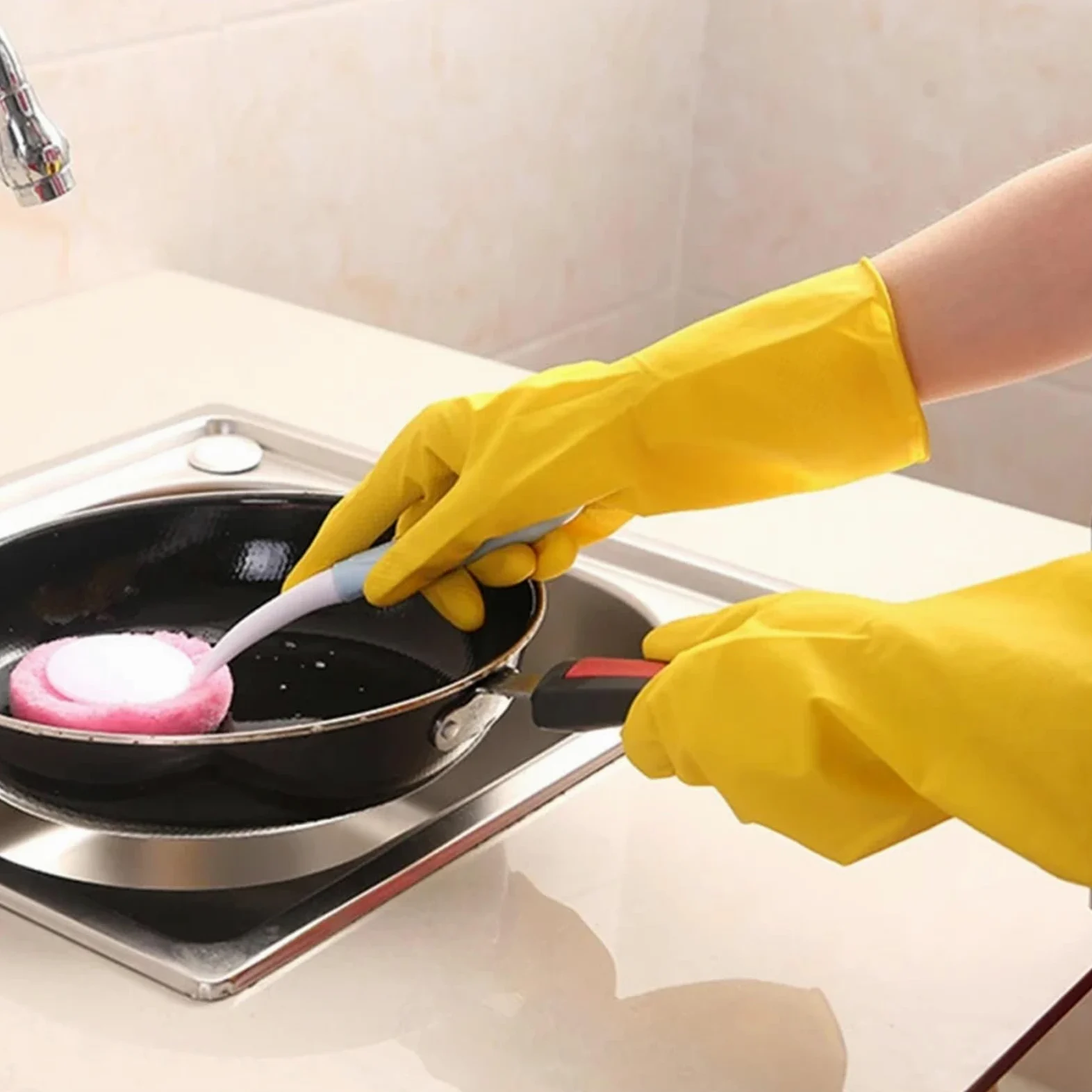 Guanti domestici riutilizzabili 3 pezzi, for lavastoviglie in gomma, Spessore extra, Maniche lunghe, Pulizia della cucina, Lavoro, Pittura Per La Casa(S)
