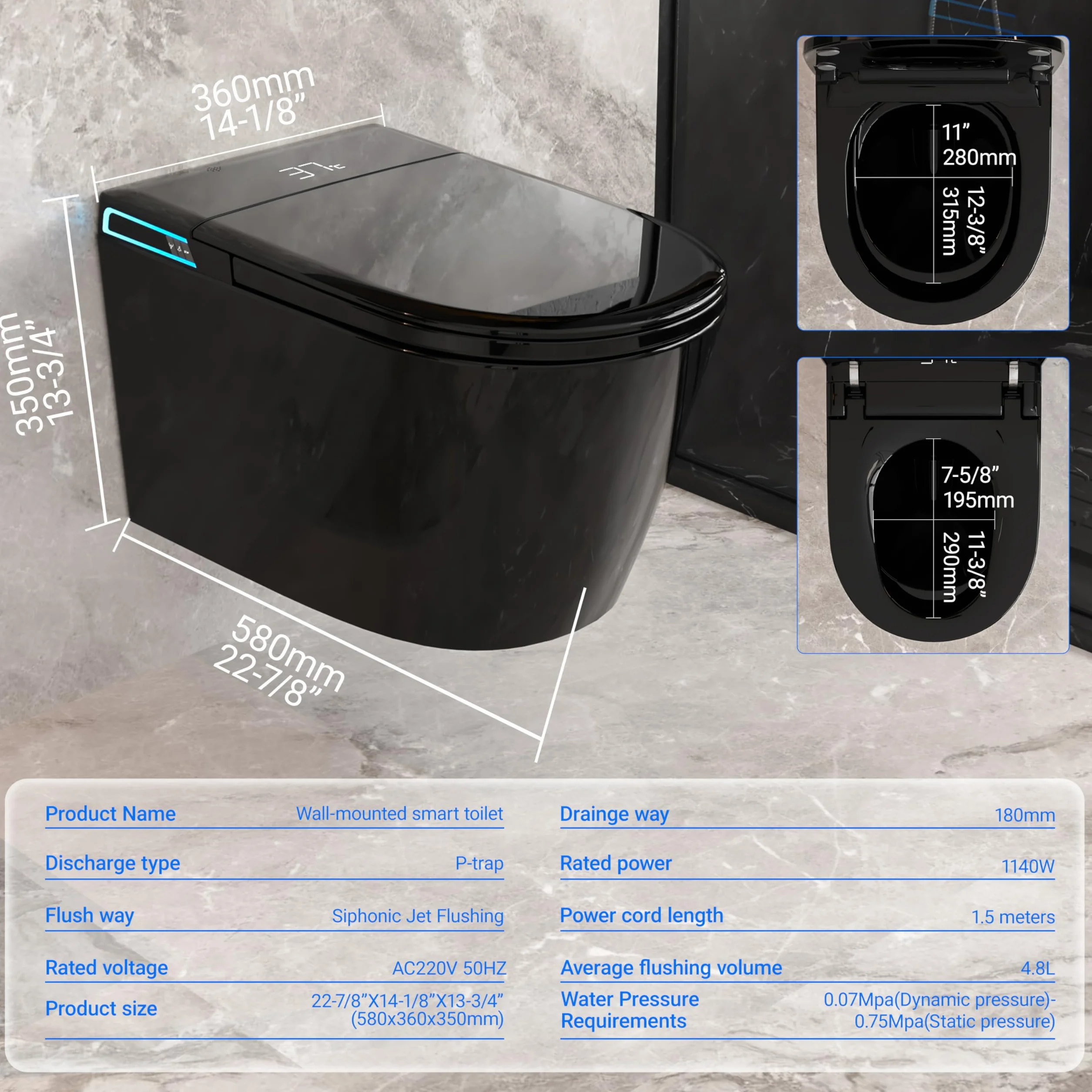 Smart WC nero da appendere alla parete, scarico automatico, coperchio con apertura e chiusura automatica, sedile riscaldato, acqua calda/asciugatrice, moderno bidet allungato con supporto a