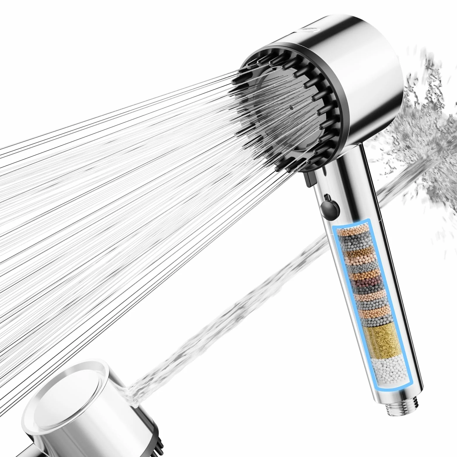 Cobbe Soffione doccia con filtro, soffione doccia ad alta pressione con filtro a 20 fasi, 5 modalità di spruzzo, potente lavaggio integrato per rimuovere il cloro, allevia il prurito cutaneo (Cromo)