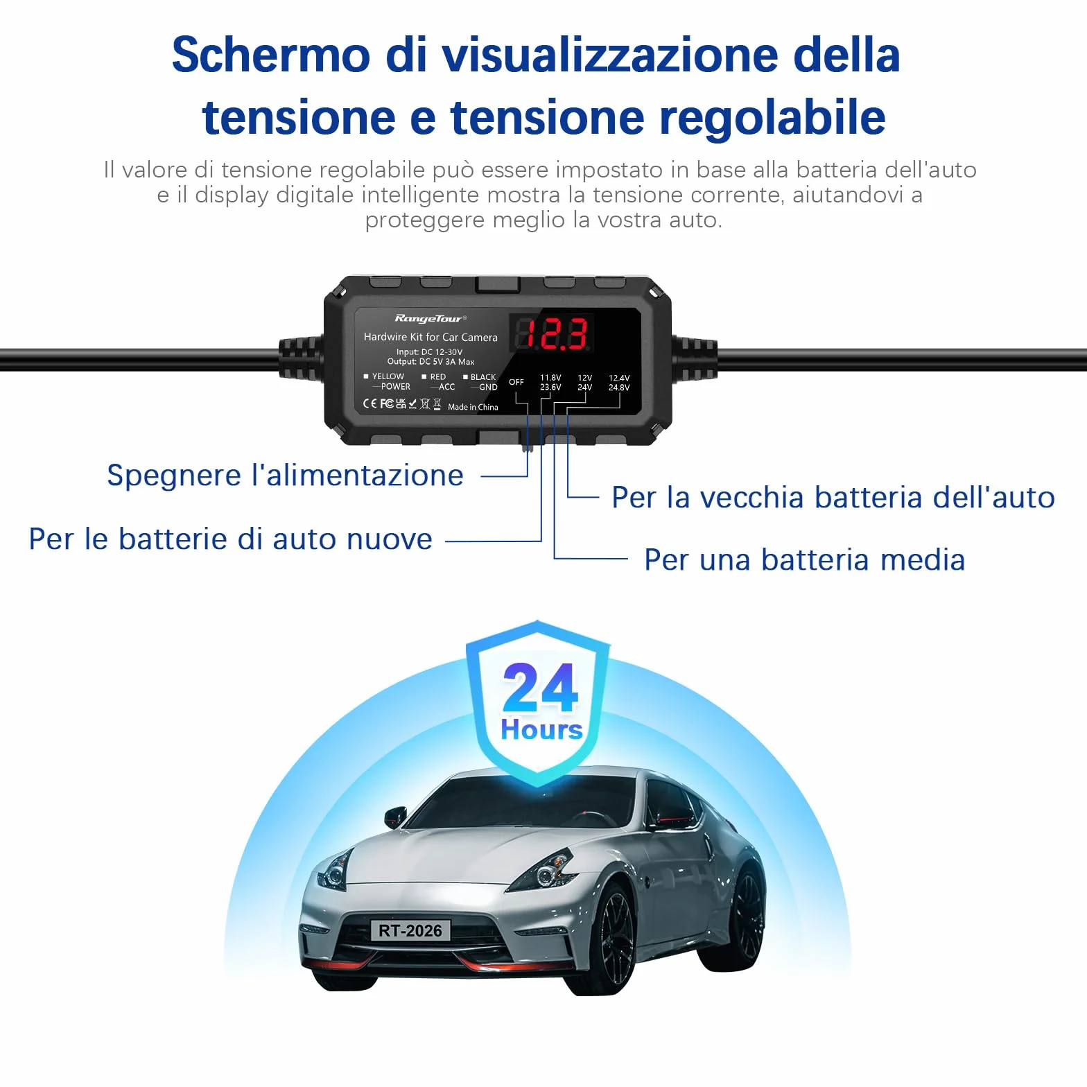 Kit Cablaggio USB-C con Schermo LED, 12V-32V a 5V 3A Auto Cavo di Ricarica Kit 4m 3-Core con Protezione Regolabile a Bassa Tensione, Dash Cam Hardwire Kit Monitoraggio Parcheggio 24 Ore