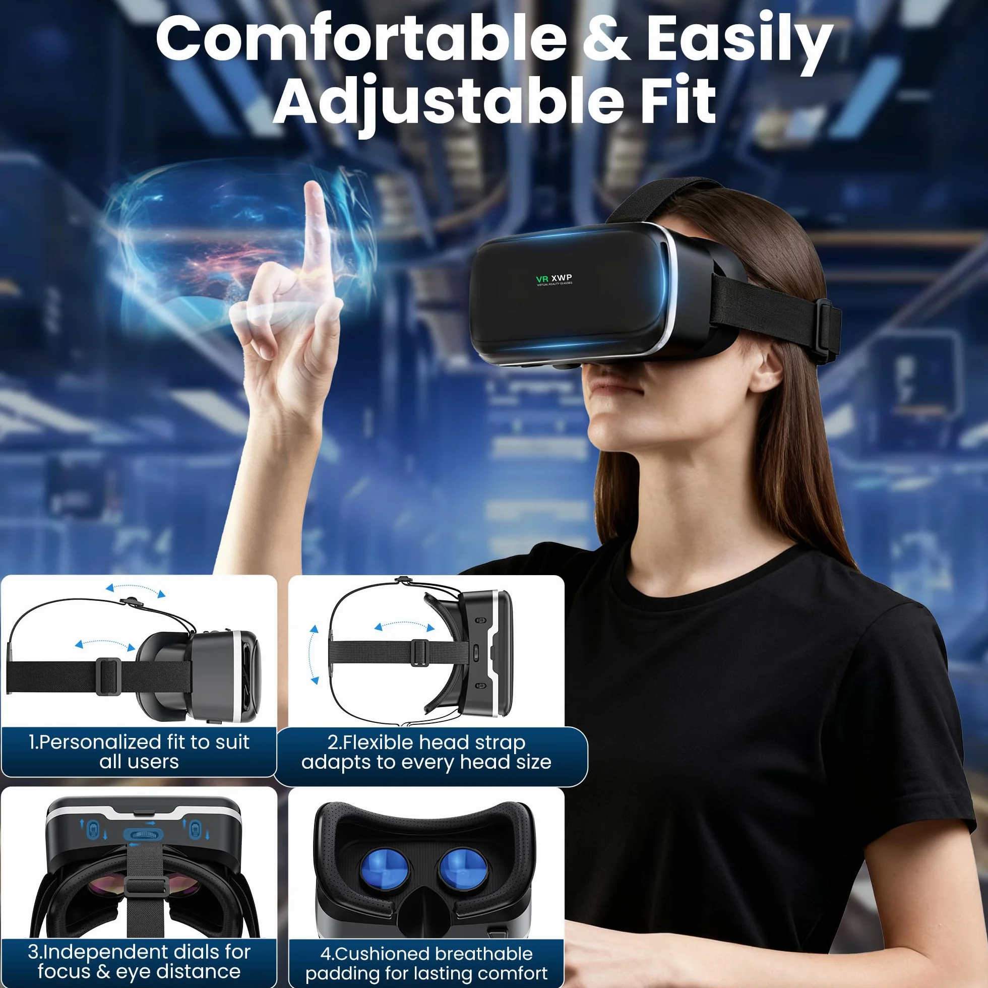 XWP Visore VR, Occhiali di Realtà Virtuale 3D con Lenti HD Anti-Luce Blu per Film e Giochi su Smartphone, Compatibile con Smartphone iOS/Android (4.7–6.8"), Regalo di Natale per Amici e Famiglie