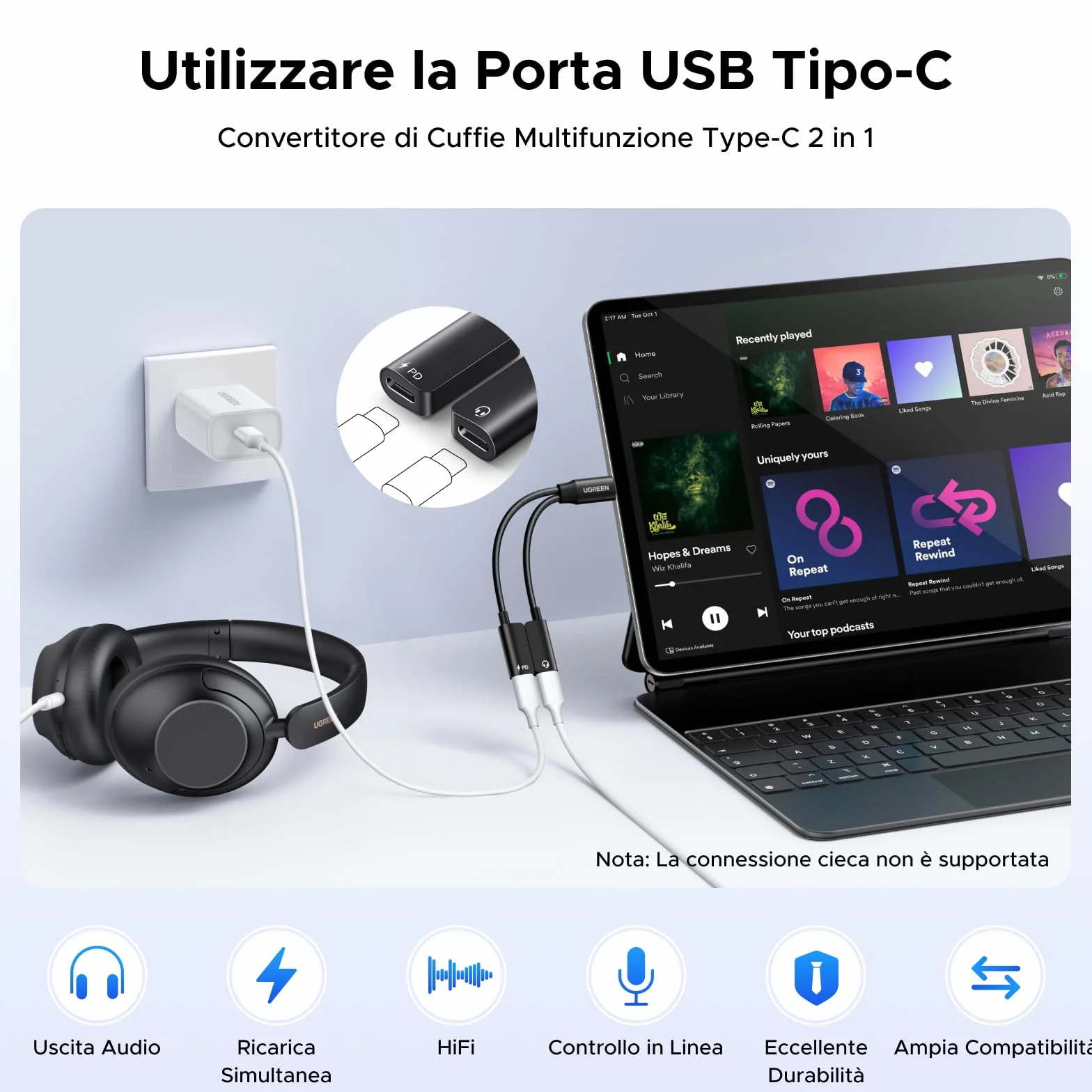 UGREEN Adattatore USB C a USB C 2 In 1 PD 60W Carica Rapida Magnetico 96Khz 24Bit Compatibile con iPhone 17 Pro Max Air iPad Galaxy S25 24 MacBook Air Pro PS5 4 Xbox
