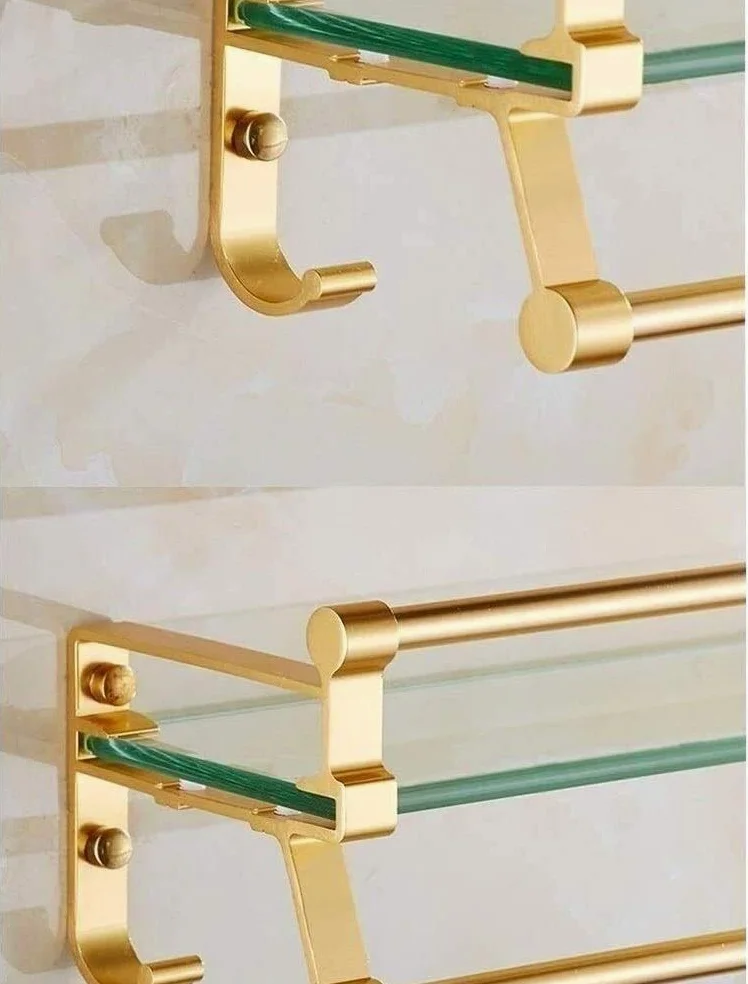 Mensola da bagno moderna in alluminio dorato con barra portasciugamani e barra a parete, in vetro temperato, per doccia (60 cm)