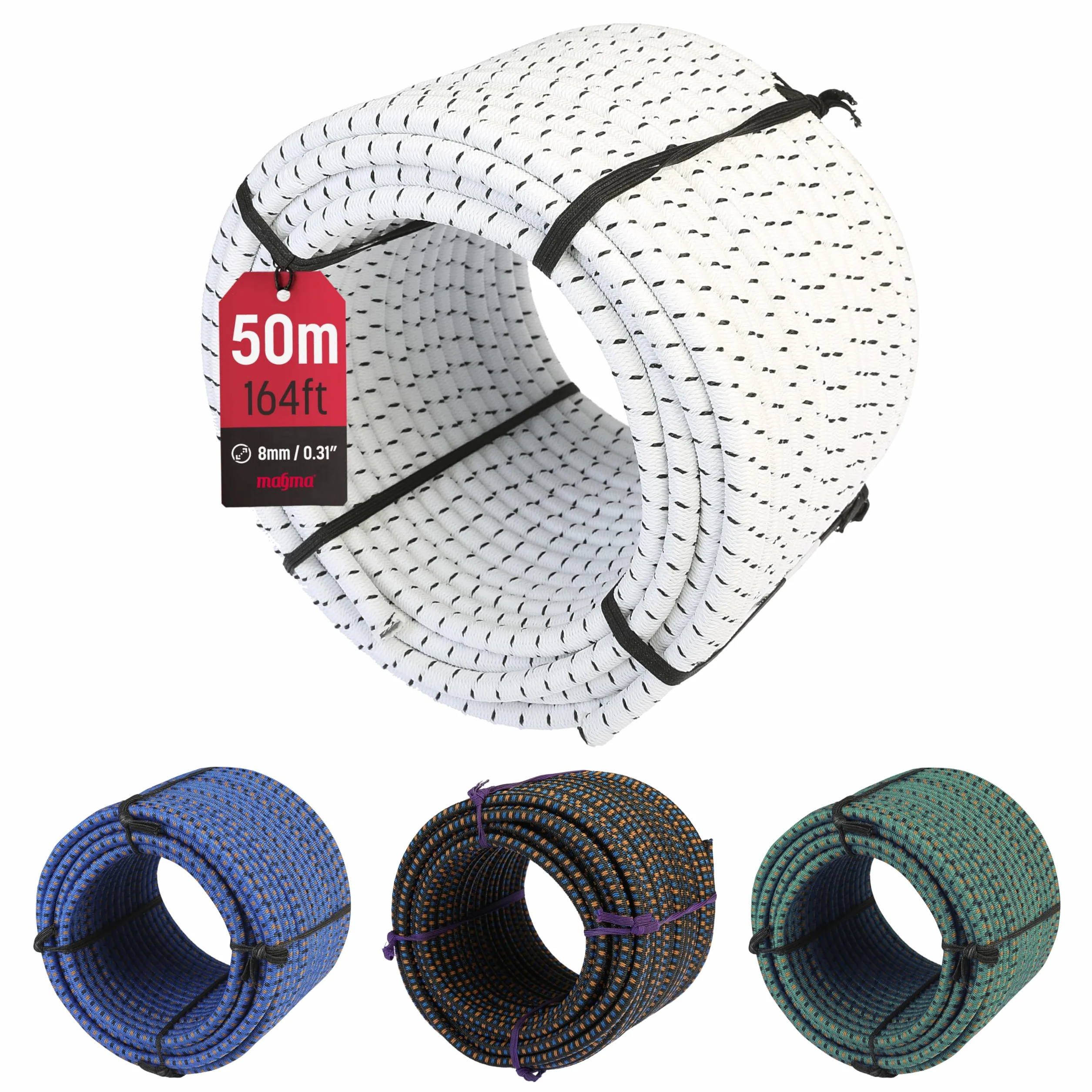 Magma Rotolo di Corda Elastica 25m | Corde Elastiche da 8 mm di Diametro per Pesca, Vela, Campeggio, e Fissaggio Teloni | Extra Forte, Per Interno, Esterno, Giardino e Auto | (Bianco)