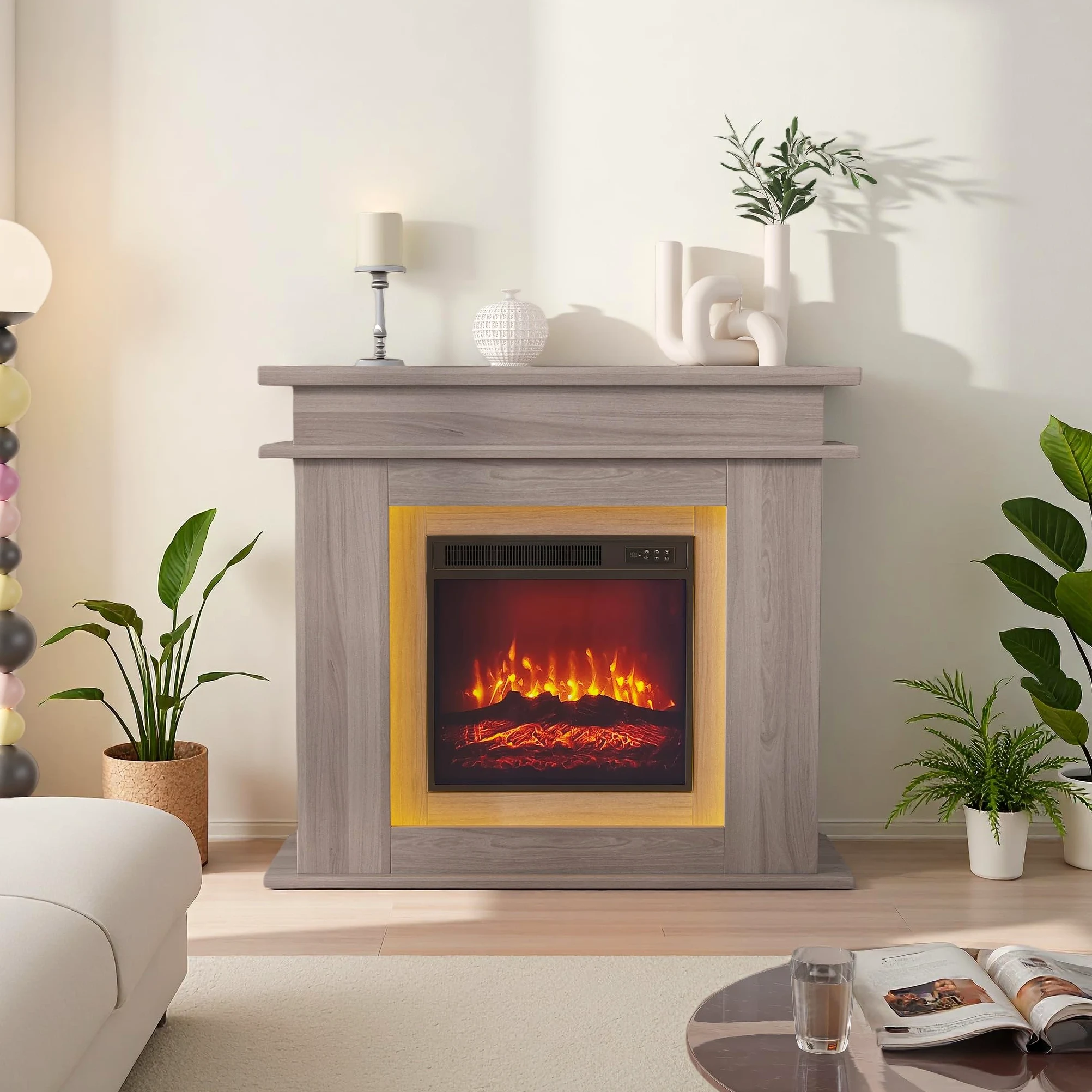 Camino elettrico da 40 cm con effetto LED 3D, effetto fiamma realistico con riscaldamento reagl, timer, striscia LED in 20 colori, telecomando (rovere)