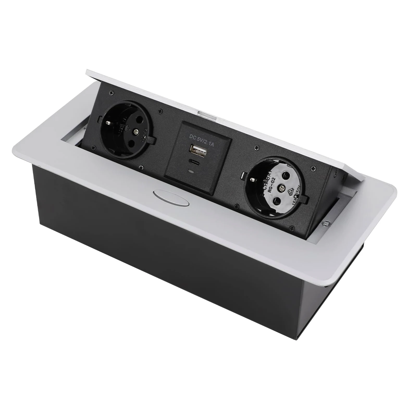 Ciabatta elettrica a scomparsa, 2 prese AC 250 V, 16 A, con USB A e USB C, 5 V, 2,1 A, presa da tavolo, da incasso, 2500 W, per ufficio, cucina, studio, argento