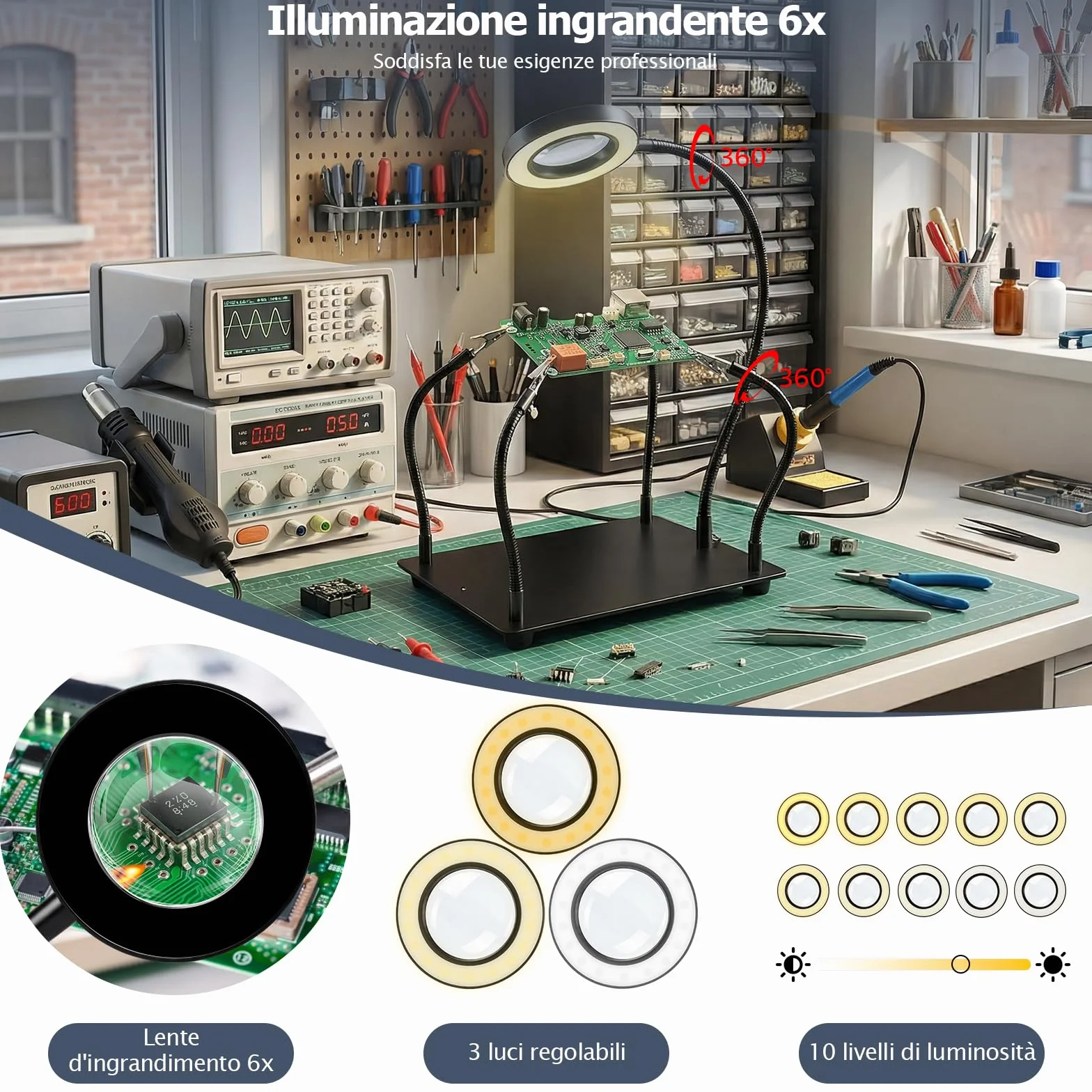 Terza Mano per Saldatura 6X Lente d‘Ingrandimento LED 4 Bracci Flessibili Portal circuiti Stazione Saldante per Elettronica Gioielleria Hobby