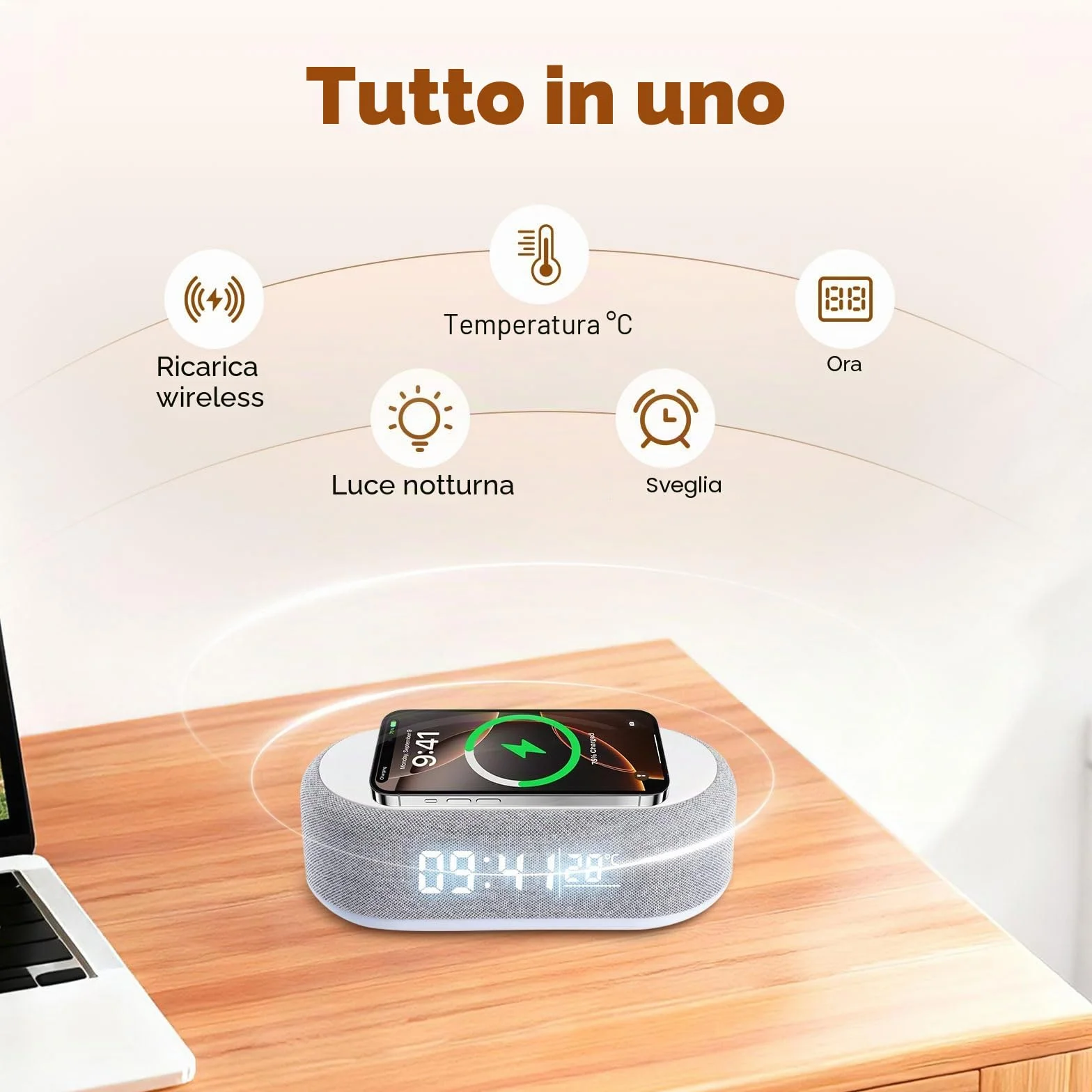 4 In1 Sveglia Digitale, Caricatore Wireless, Sveglia intelligente con orologio, termometro e luce LED, luminosità regolabile