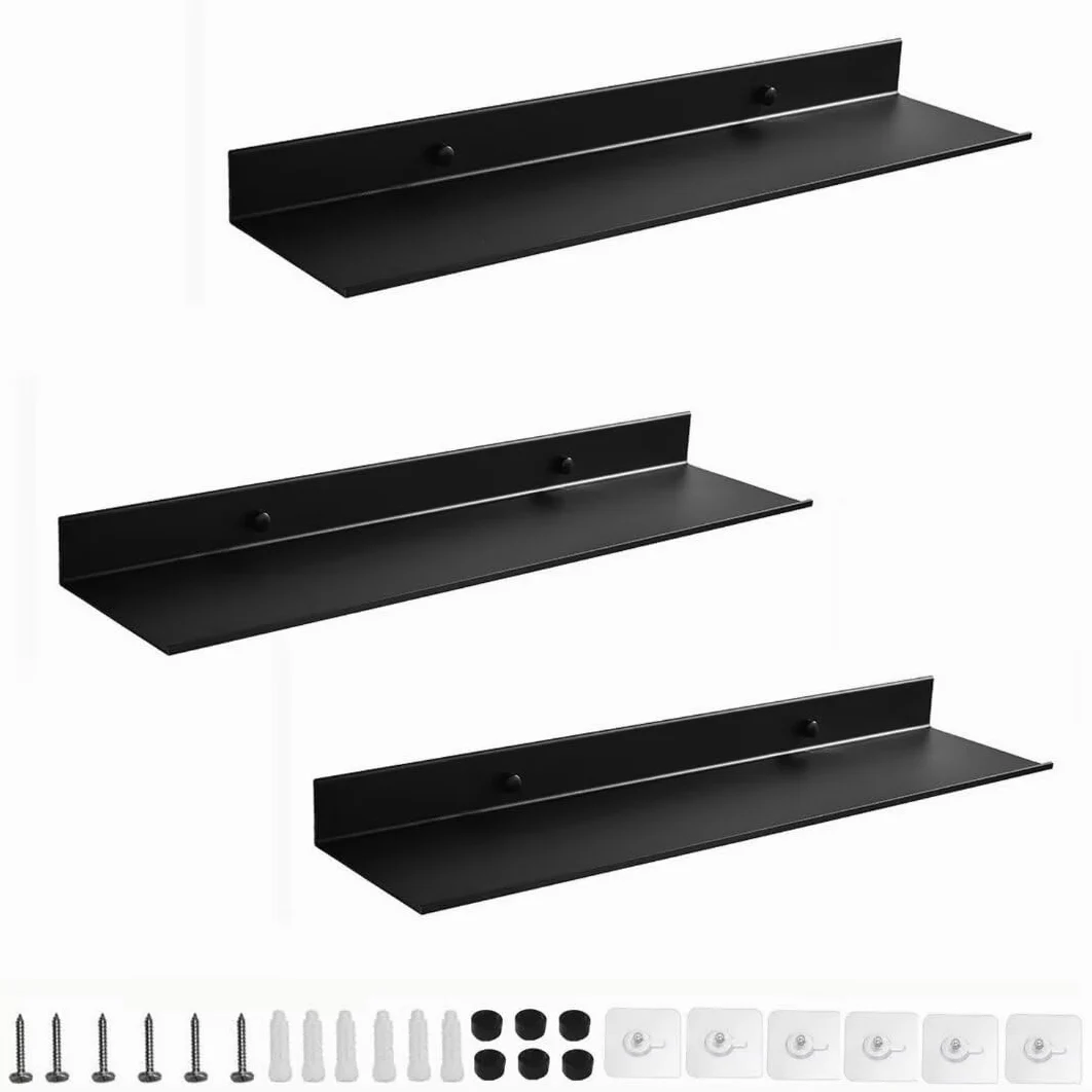 3 mensole da parete da 20 cm, in alluminio nero, senza trapano e foratura, versatili per bagno, camera da letto, cucina, mensole galleggianti moderne