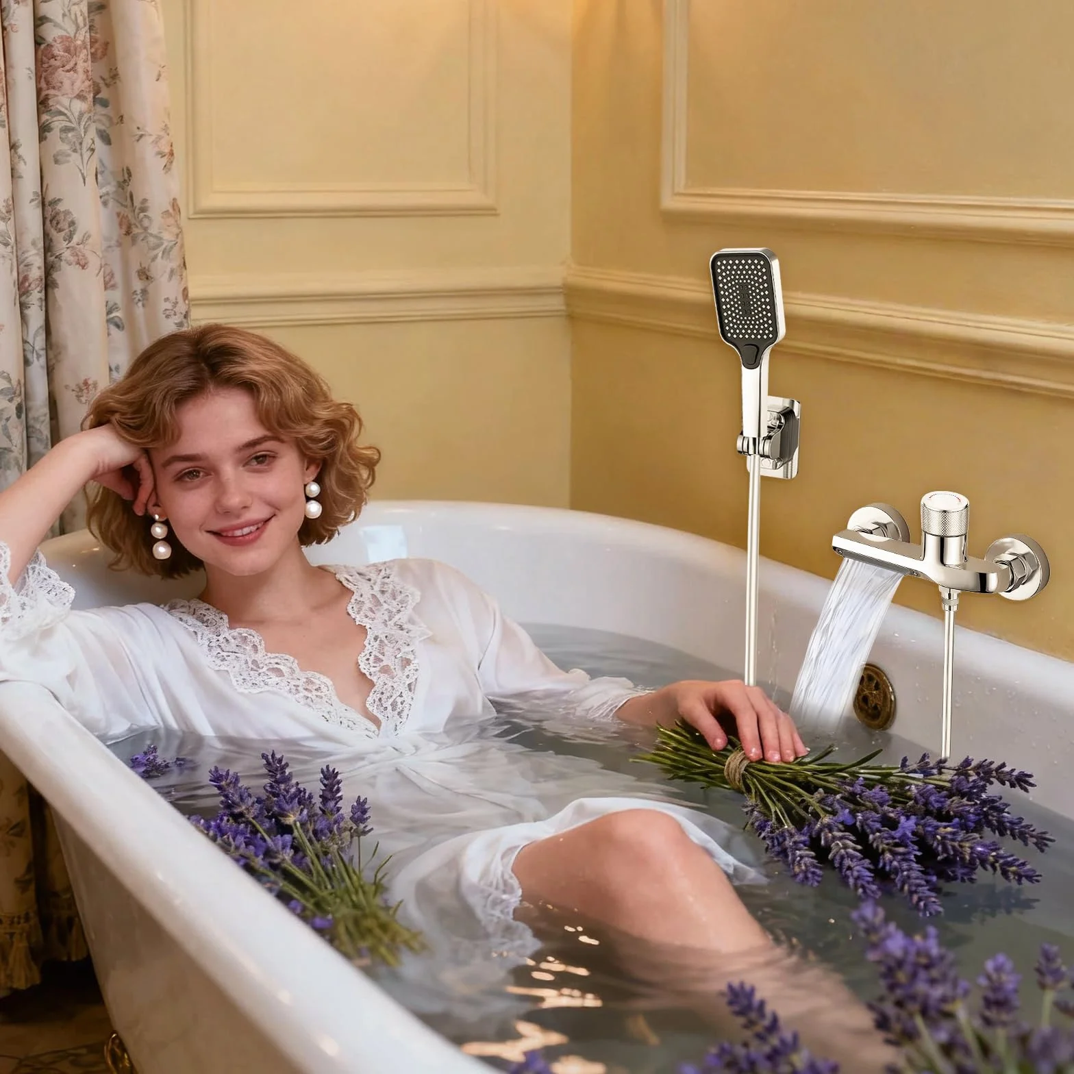 Rubinetto Vasca da Bagno Parete a Cascata con Doccetta 3 Funzioni, Tubo 1,5m, Miscelatore Ottone Antiperdite, Attacco G1/2 per Bagno, Cromato per Vasca da Bagno