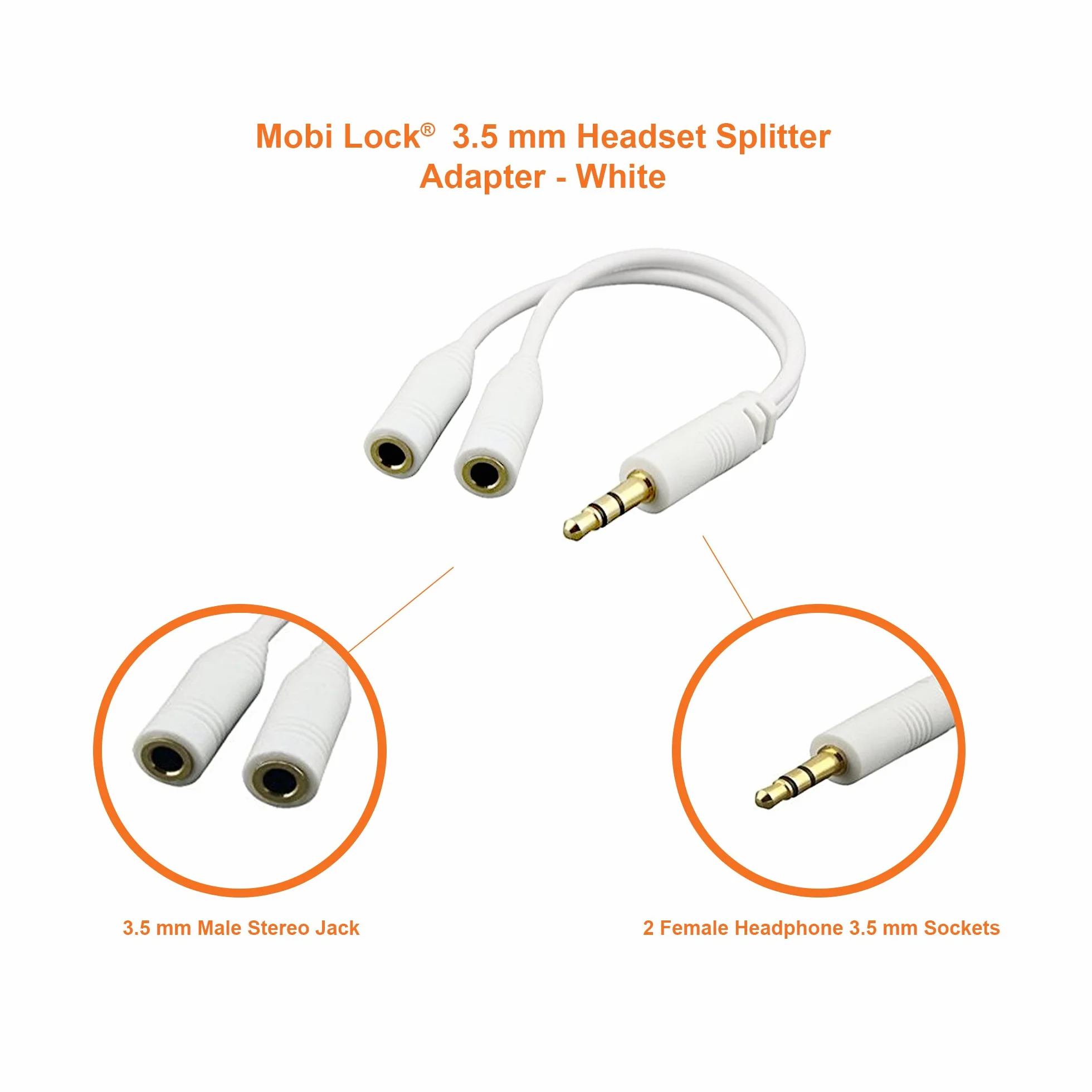 Mobi Lock Splitter a Y per cuffie da 3,5 mm | da 1 maschio a 2 femmine | ideale per tutti i lettori multimediali e altri dispositivi audio con porta da 3,5 mm (bianco)