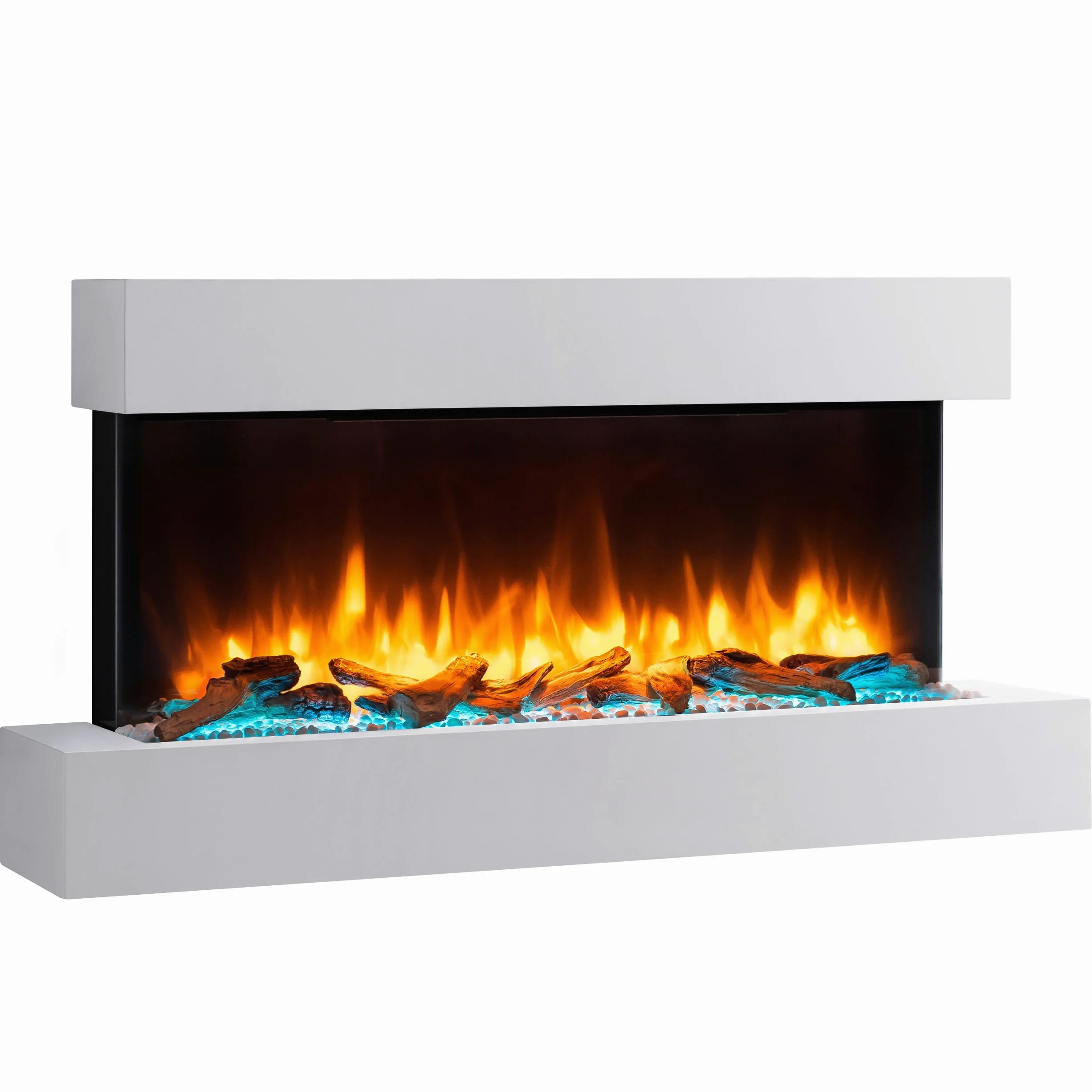 BALDERIA Camino Elettrico da Parete | Caminetto con Effetto Fiamma 3D | Riscaldamento 2000 W | Focolare Sospeso con Telecomando, Timer, Termostato | Bianco