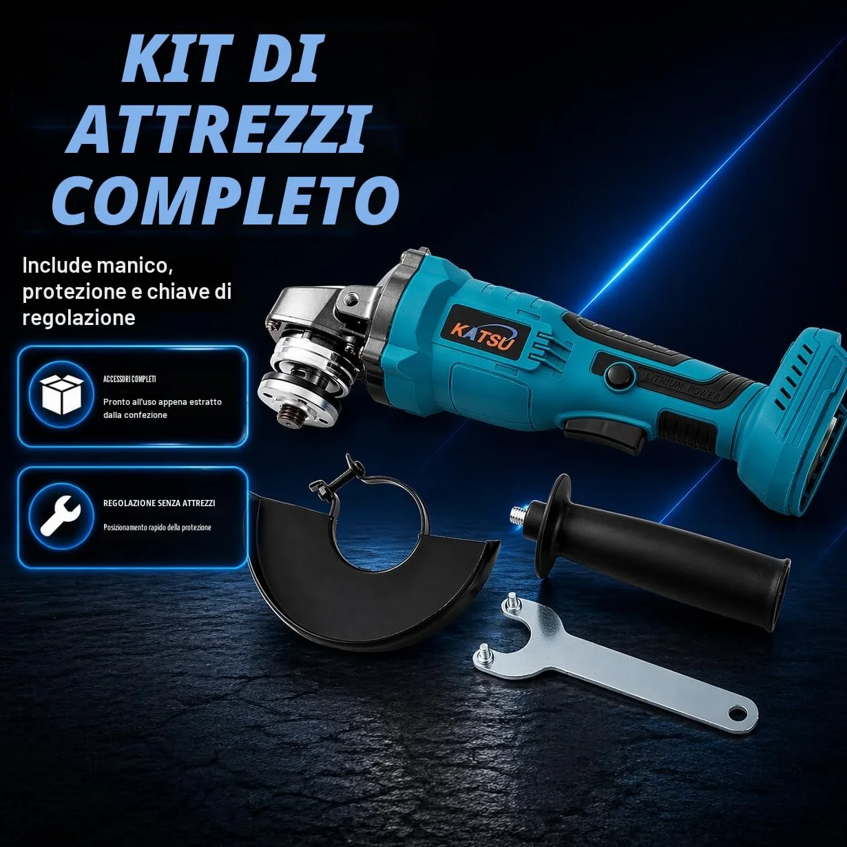 Smerigliatrice Angolare a Batteria Brushless 21V KATSU FIT-BAT, 115mm con Motore Brushless per Taglio Lucidatura Smerigliatura, 3 Velocità, Batterie non Incluse (solo Macchina) 102606