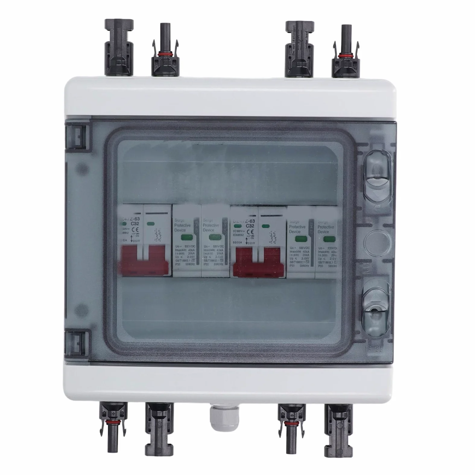 Interruttore Automatico Solare, Interruttore Automatico Fotovoltaico con Accessori di Protezione, Interruttore Automatico DC 500 V 32 A 2 in 2 Out con Scatola, Rastrelliere per
