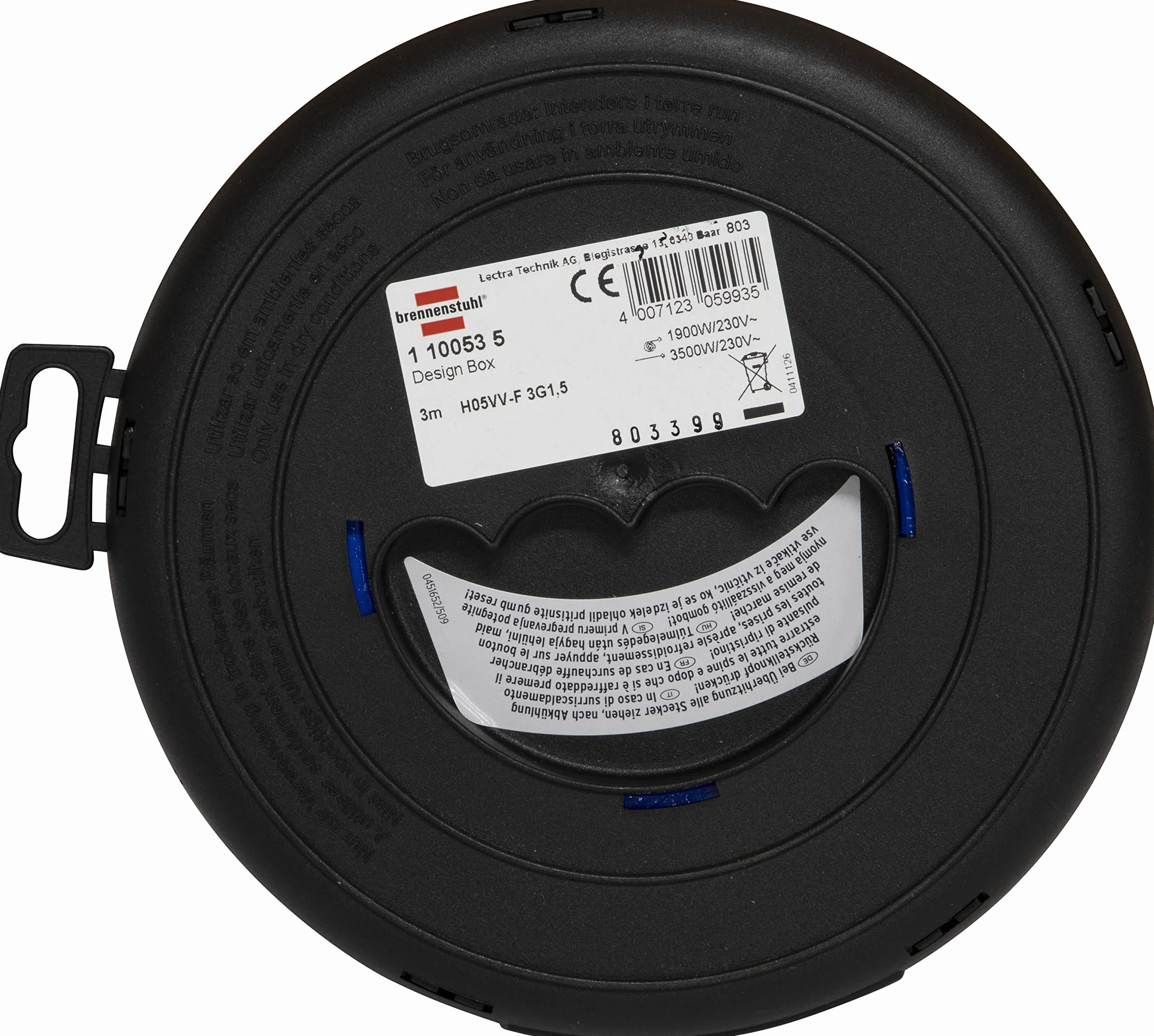 Prolunga Elettrica con Avvolgicavo Brennenstuhl 1100535 | Prolunga Elettrica 3 Metri Ultrapiatta e Pratica | 4 prese Polivalenti (10/16A + Schuko) | Altezza Solo 6cm | Diametro 18cm | Colore Nero/Blu
