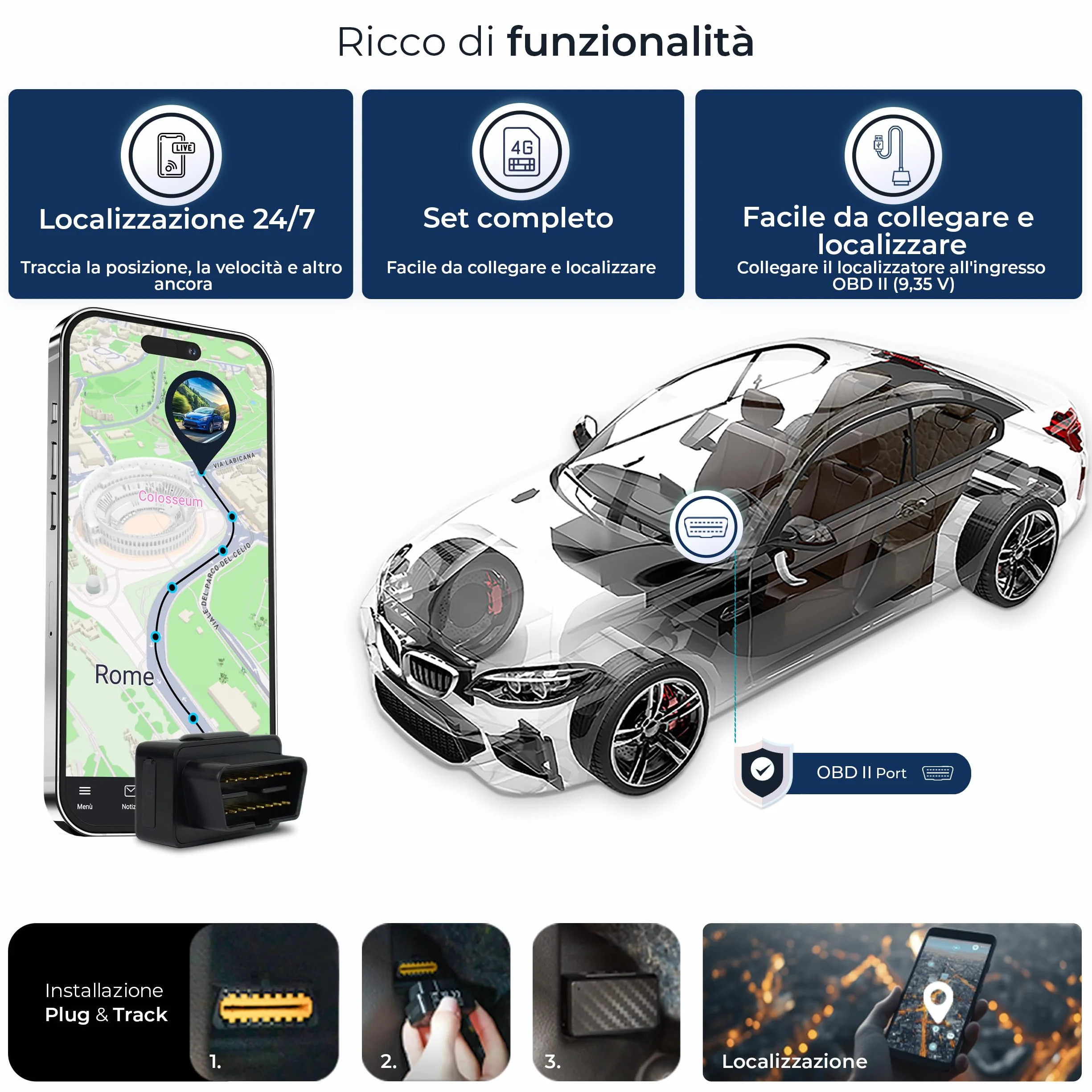 Salind 08 4G, OBD GPS Tracker, Localizzatore per Auto, Camion e Altri Veicoli, Geocalizzatore Gps con App e Connessione Diretta alla Presa OBD, Monitoraggio Percorso in Tempo Reale Tramite App