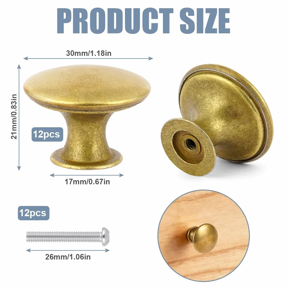 Pomelli per Armadietti Vintage 30 mm Pomolo per Mobili Rotondo Cassetti Chic Maniglie per Cucina Antiche Ottone