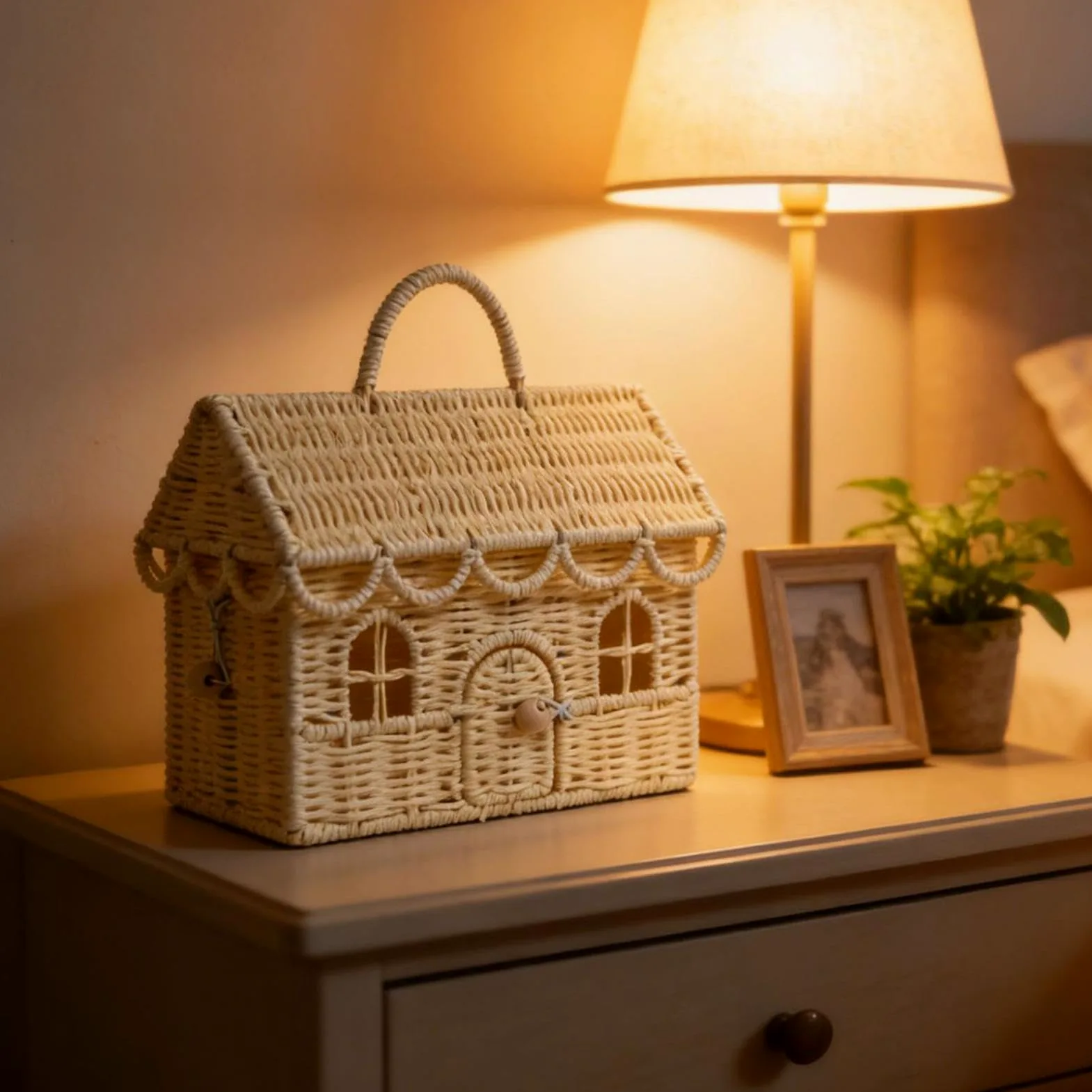 Cesto portaoggetti intrecciato a forma di casa con coperchio, ideale per casa, matrimonio, cucina, camera da letto, cameretta dei bambini e fattoria