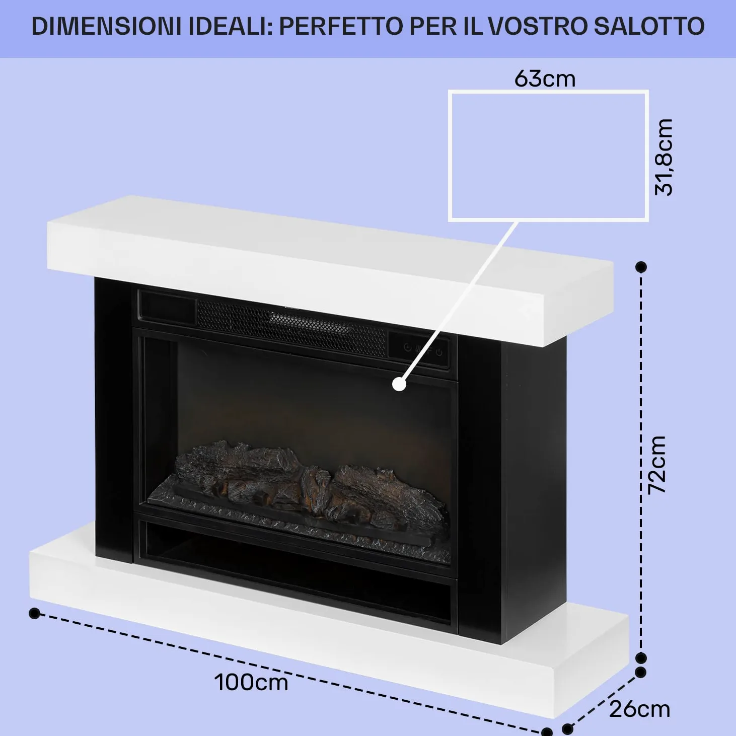 Klarstein Camino Elettrico Basso Consumo, con Mensola, da Parete, Caminetto Finto da Terra, 1900W, Decorativo con LED, Telecomando, Timer, Controllo Temperatura