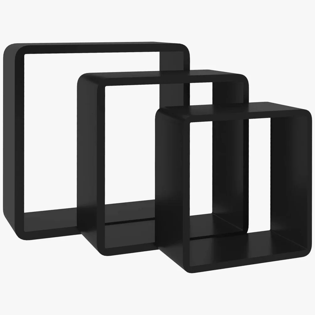 Scaffalature, mensole da parete e sporgenze, mensole cubiche da parete, 3 pezzi, in MDF nero