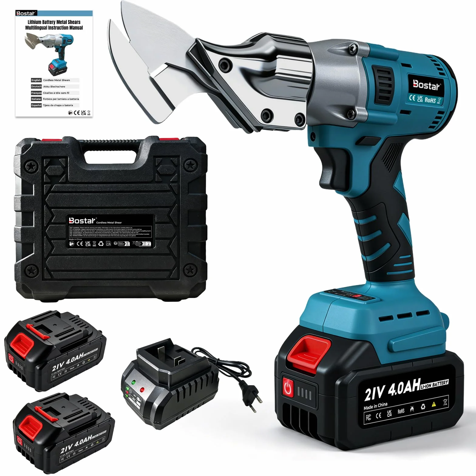 Bostar Cesoia per Lamiera a Batteria Brushless, Taglierina Elettrica per Metallo 1,5mm Alluminio 2,0mm, Testa Girevole 360°, 2x 4.0Ah Compatibile Makita 18V