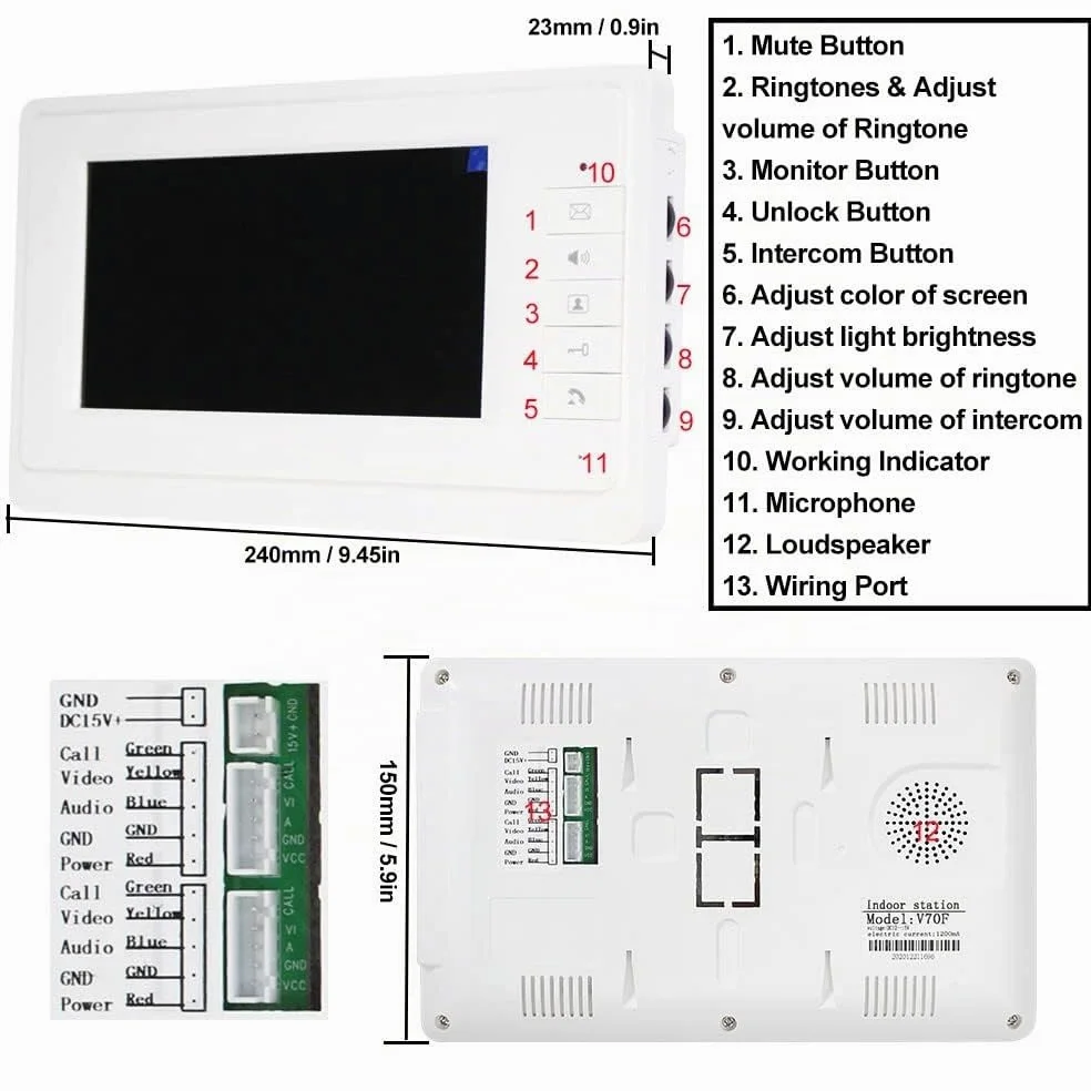 YiToo Videocitofono da 7 pollici Cablato Sistema di campanello per telefono del portello Un monitor per interni con una 700TVL fotocamera esterna, impermeabile a infrarossi visione notturna
