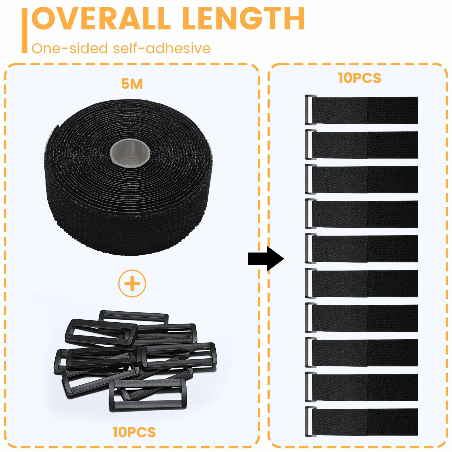Cinghie per cavi regolabili 5 m x 5 cm 10 anelli antigraffio riutilizzabile nero